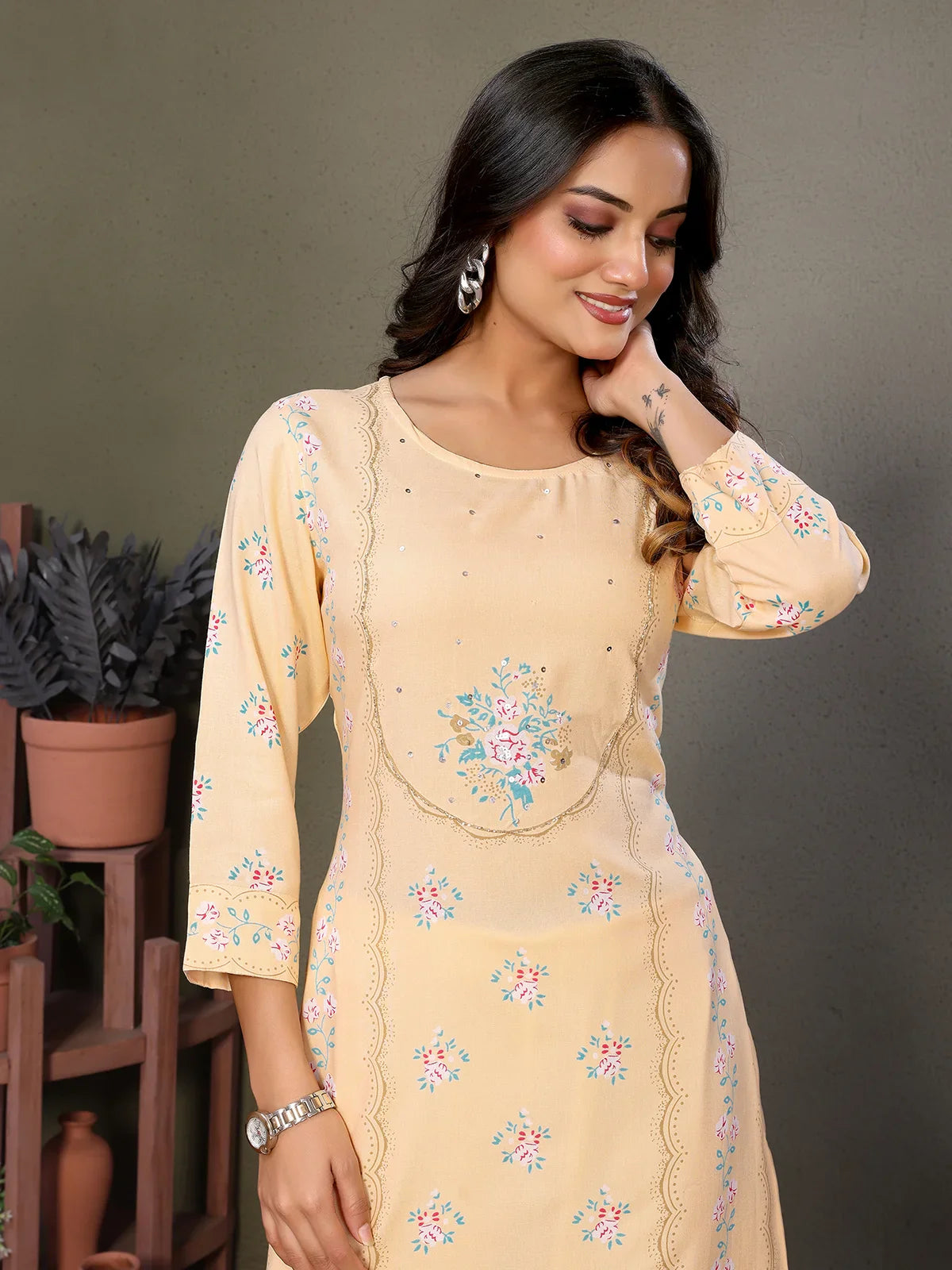 Buy Rayon Embroidered Calf Length Straight Kurta-Yellow