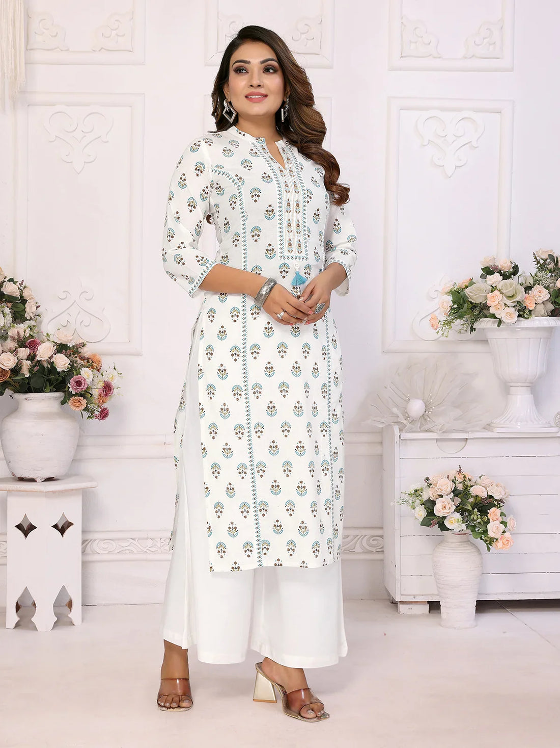 Buy Cotton Embroidered Calf Length Straight Kurta-White