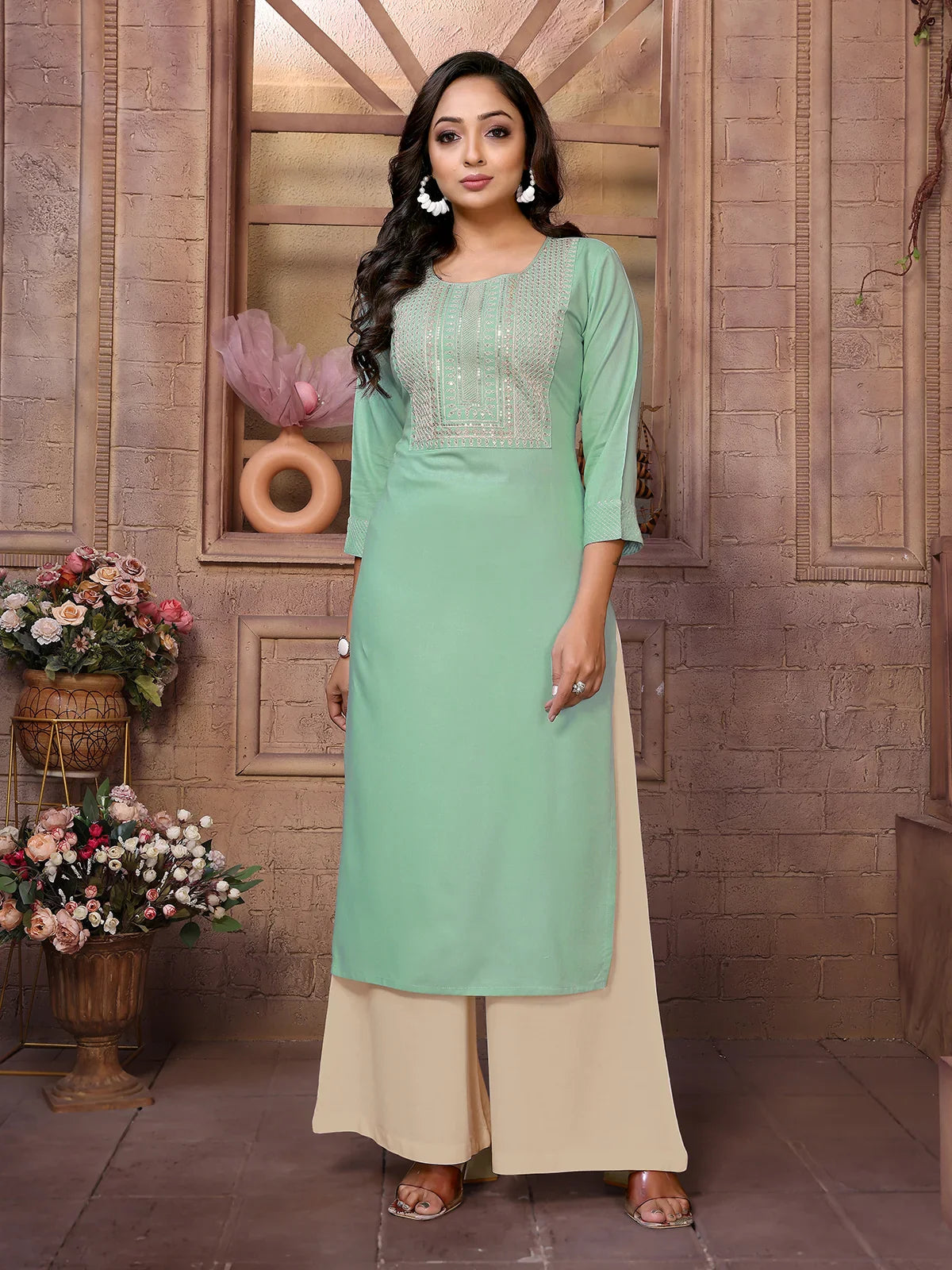 Buy Rayon Embroidered Calf Length Straight Kurta-Green