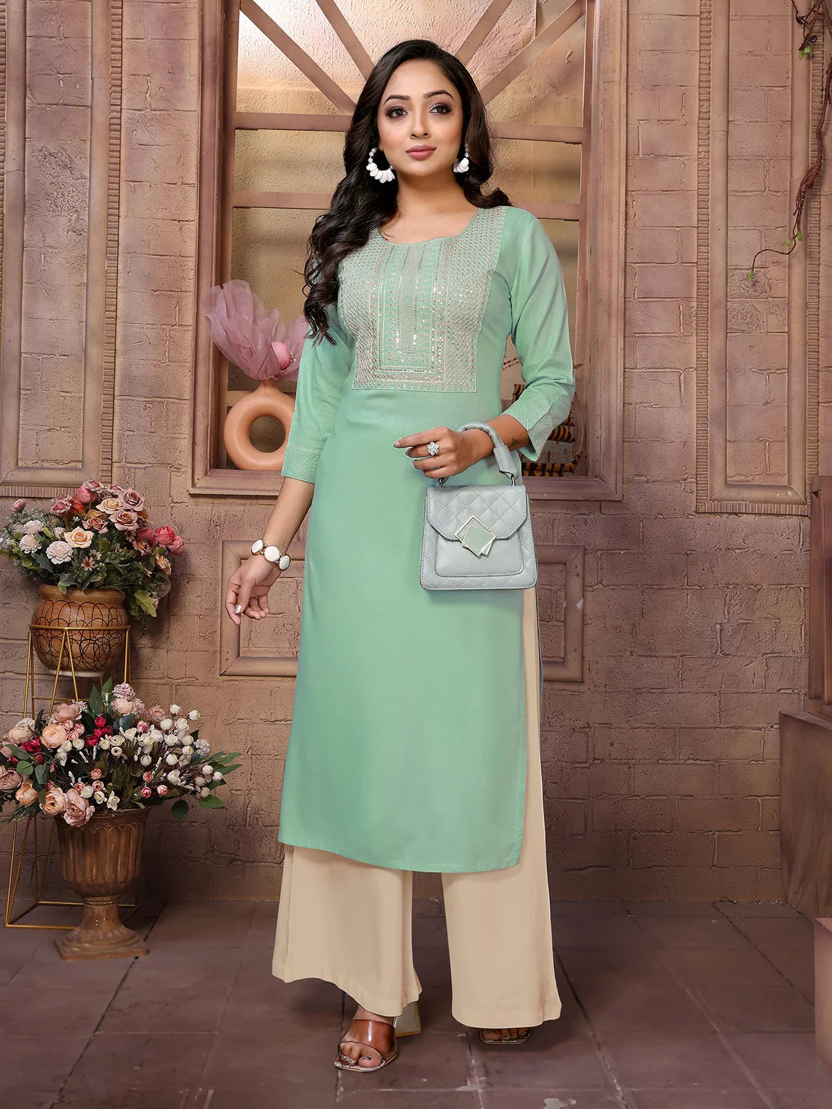 Buy Rayon Embroidered Calf Length Straight Kurta-Green