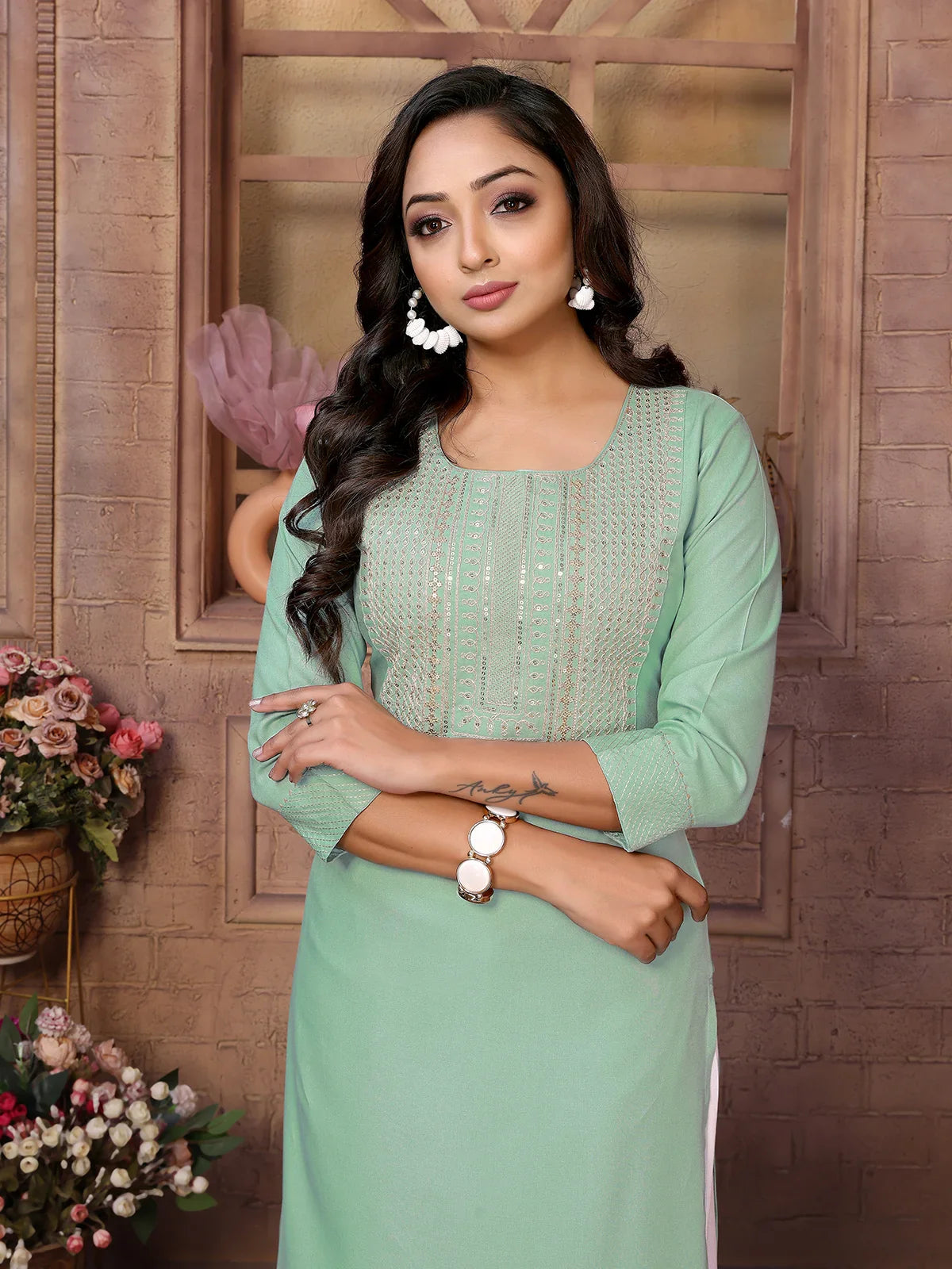 Buy Rayon Embroidered Calf Length Straight Kurta-Green