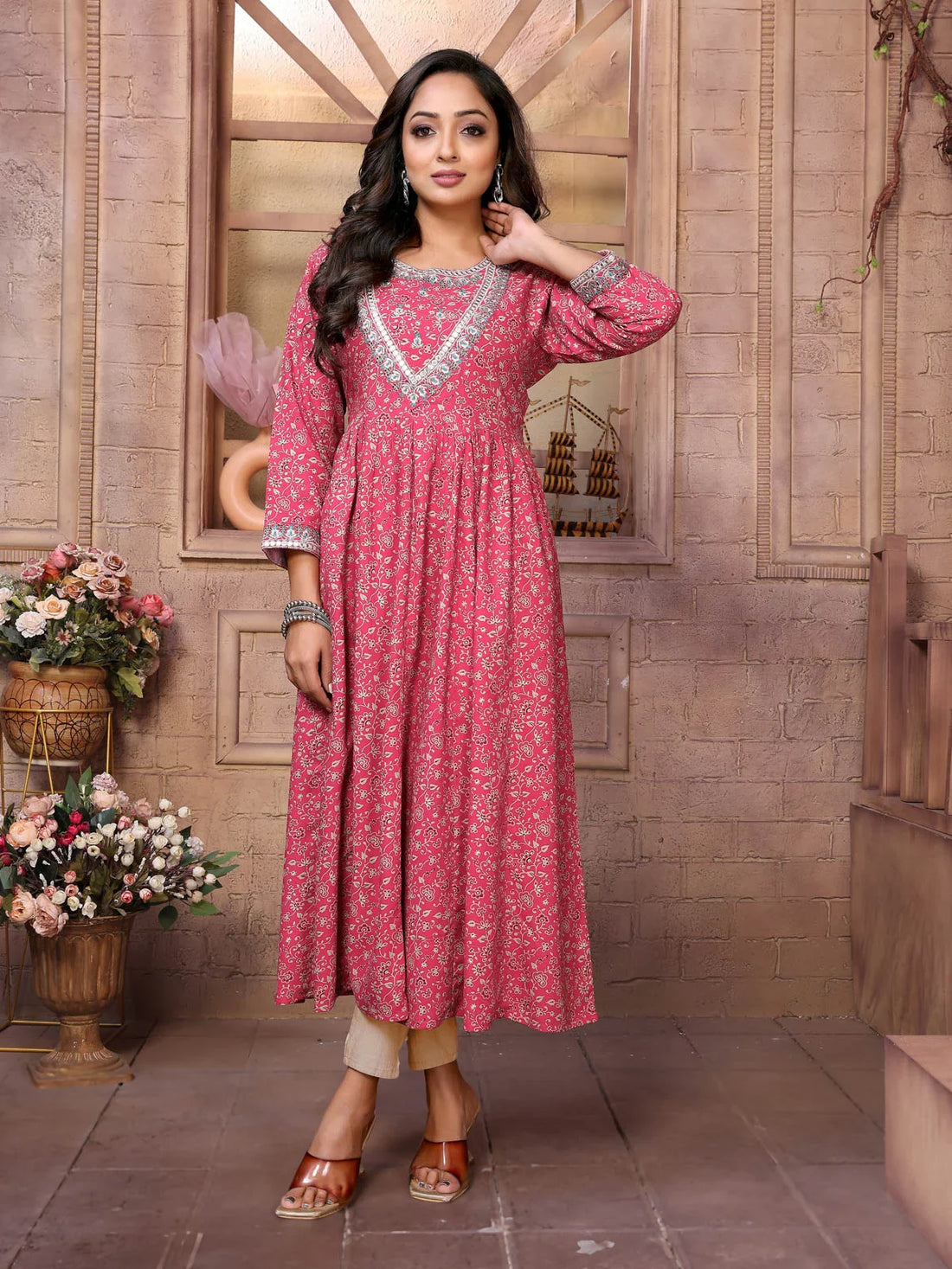 Buy Rayon Embroide Calf Length Anarkali Kurta-Red