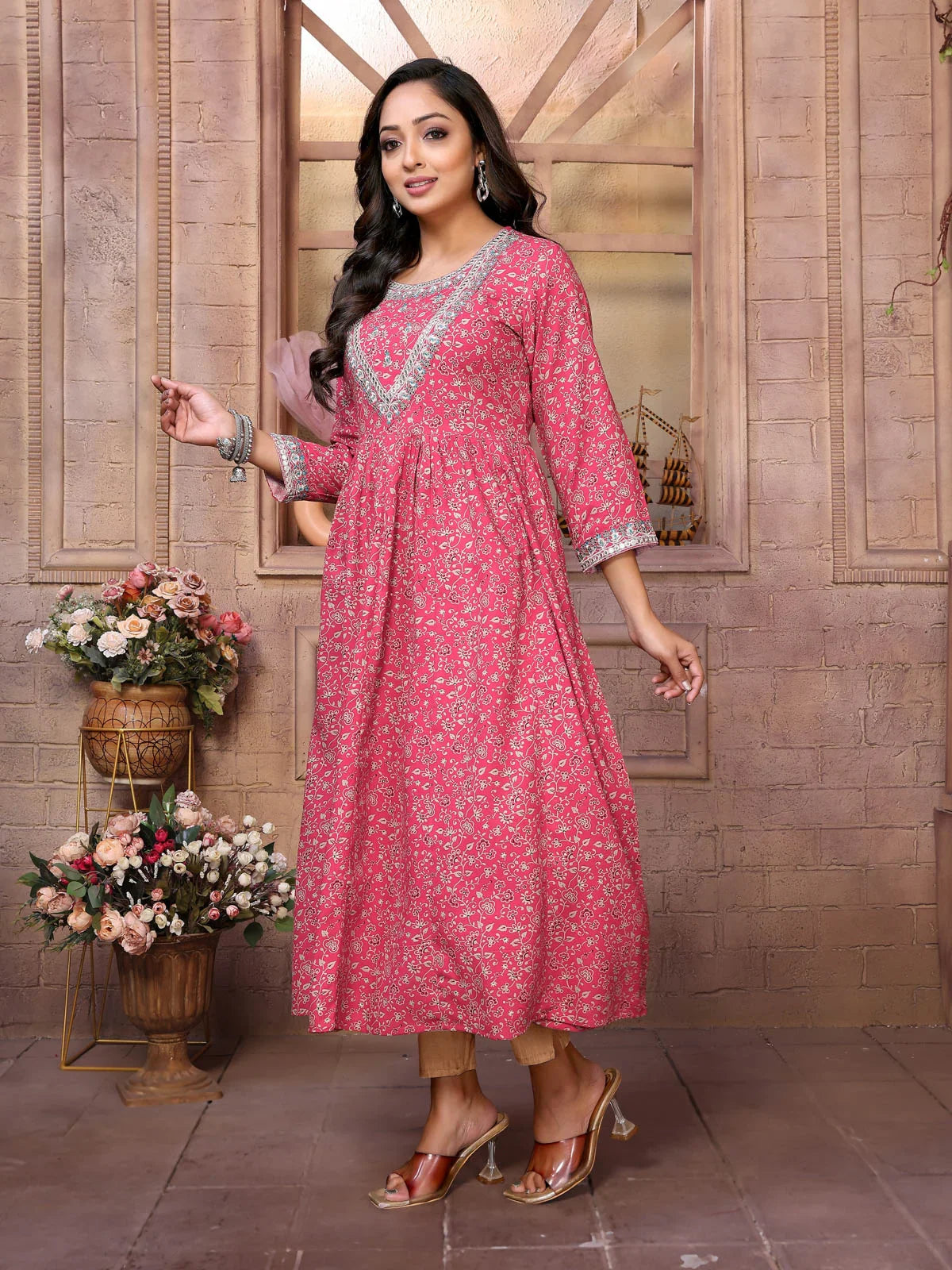 Buy Rayon Embroide Calf Length Anarkali Kurta-Red