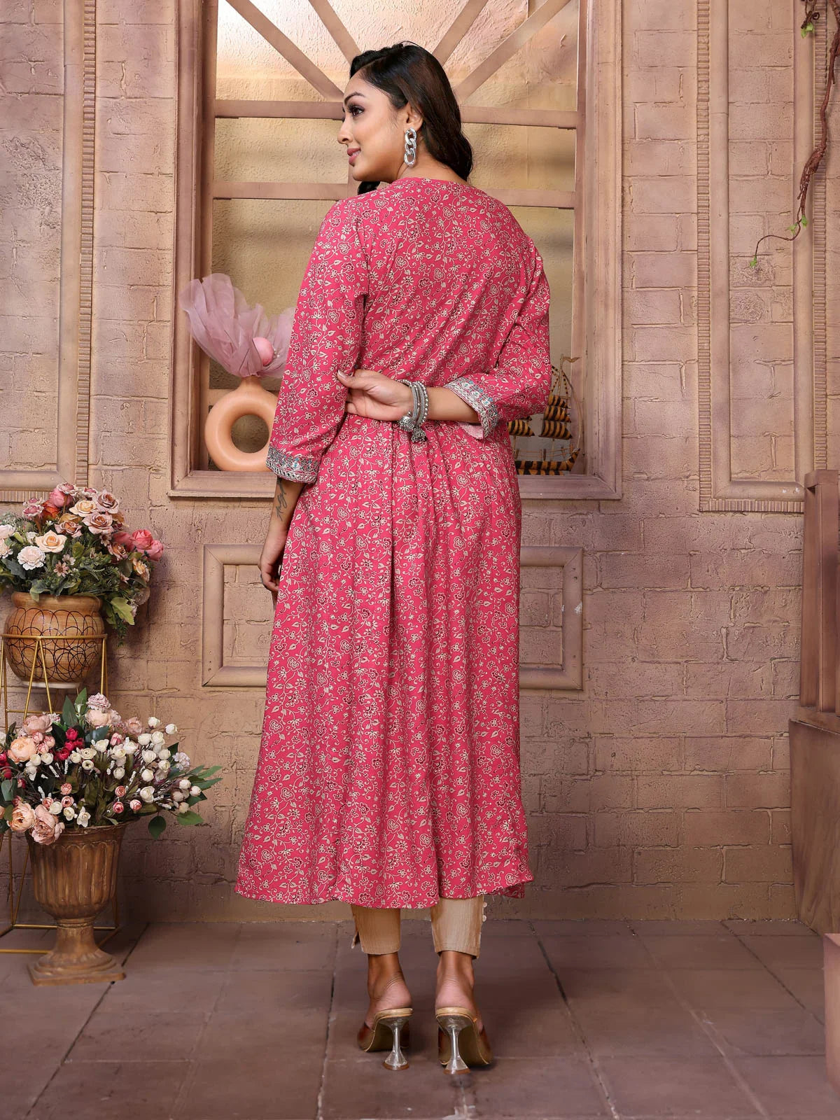 Buy Rayon Embroide Calf Length Anarkali Kurta-Red