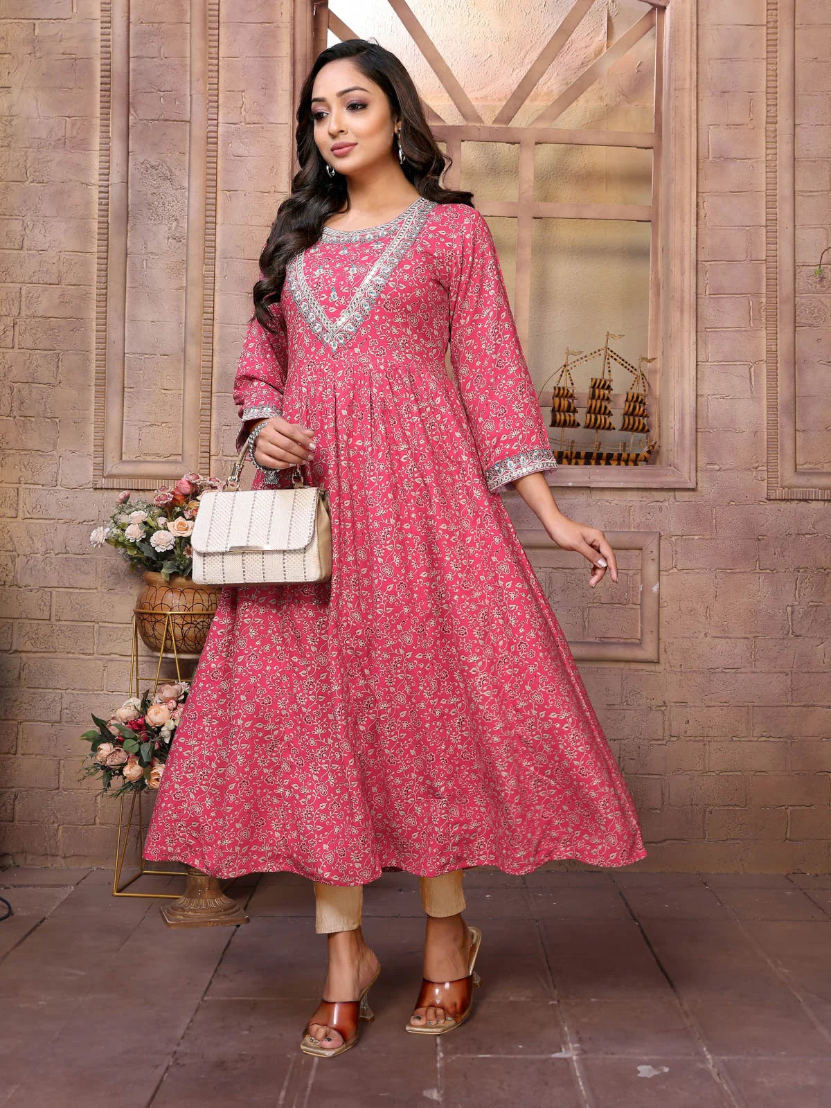 Buy Rayon Embroide Calf Length Anarkali Kurta-Red