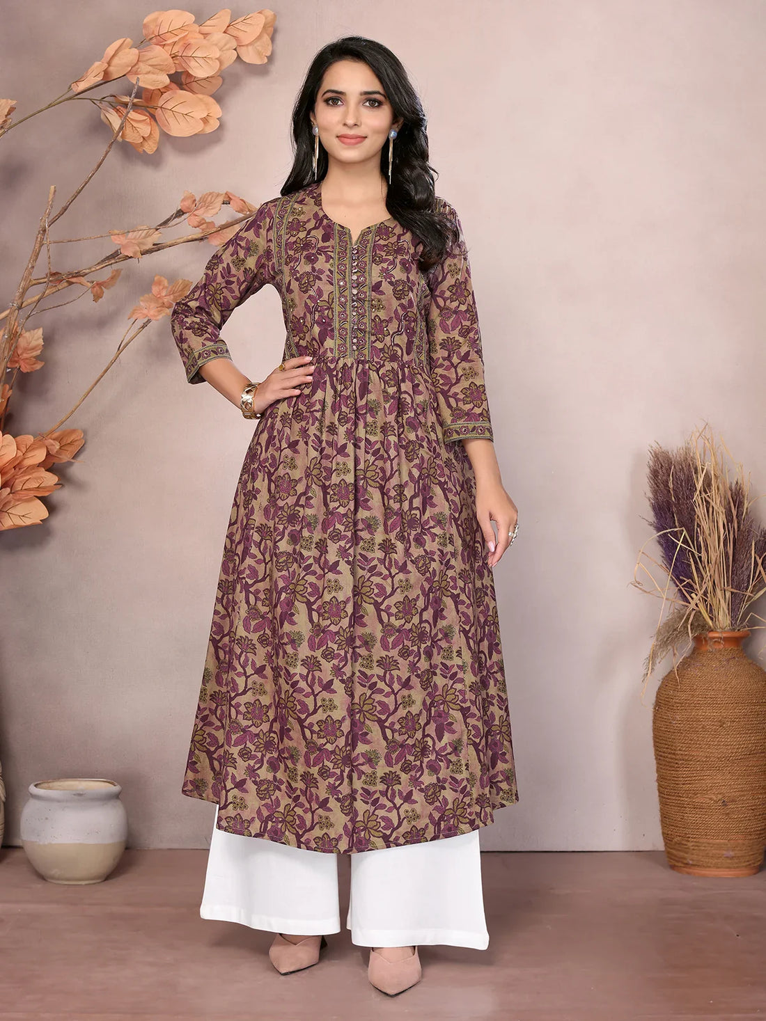 Buy Cotton Embroidered Calf Length Anarkali Kurta-Wine