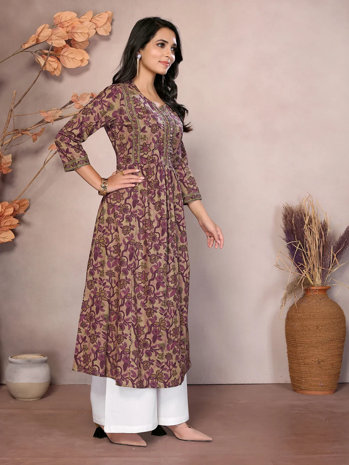 Buy Cotton Embroidered Calf Length Anarkali Kurta-Wine