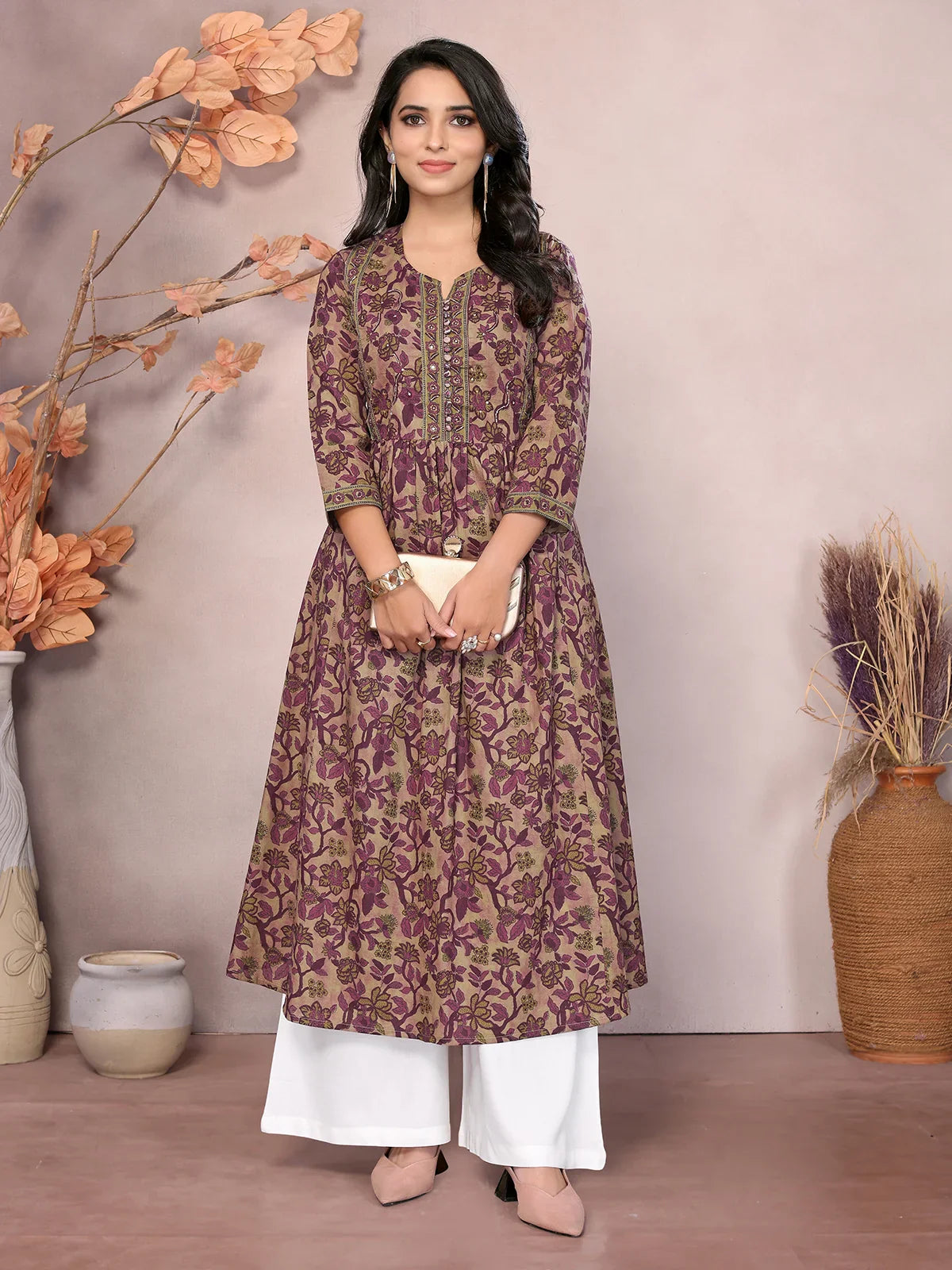 Buy Cotton Embroidered Calf Length Anarkali Kurta-Wine