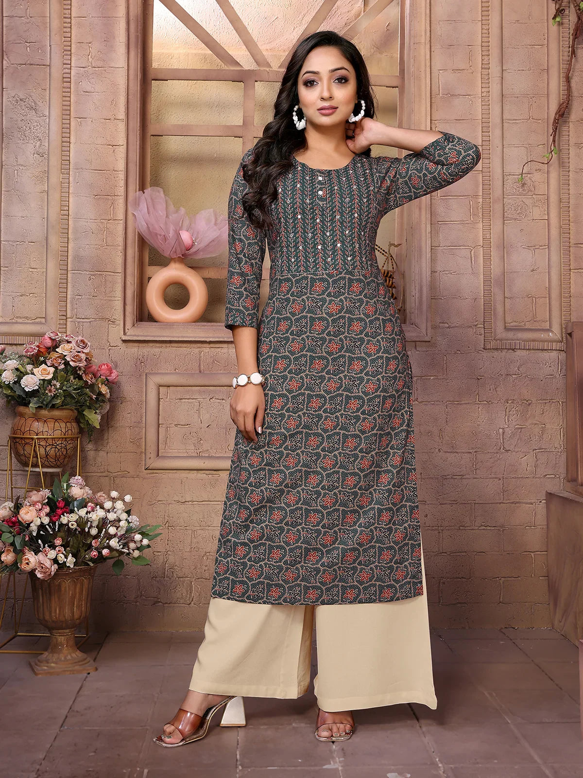 knee length dresses for ladies Cotton Embroidered Calf Length Straight Kurta –Rangita