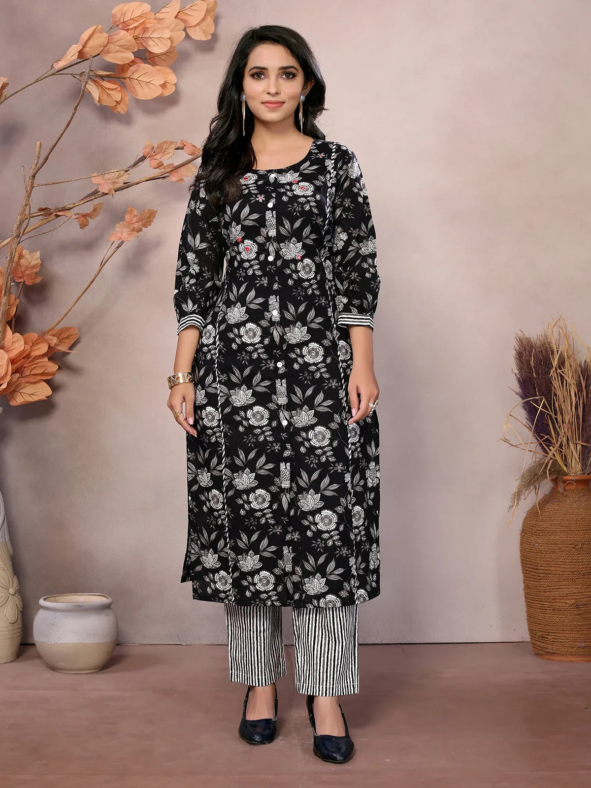 Buy Cotton Embroidered Calf Length Straight Kurta With Pant-Black