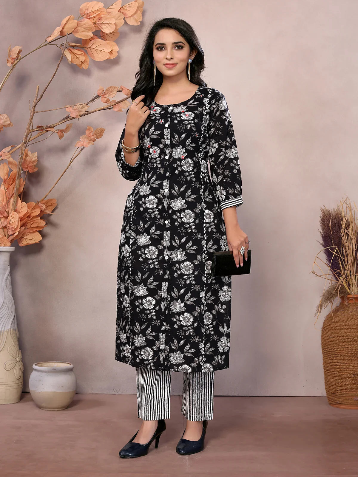 Buy Cotton Embroidered Calf Length Straight Kurta With Pant-Black