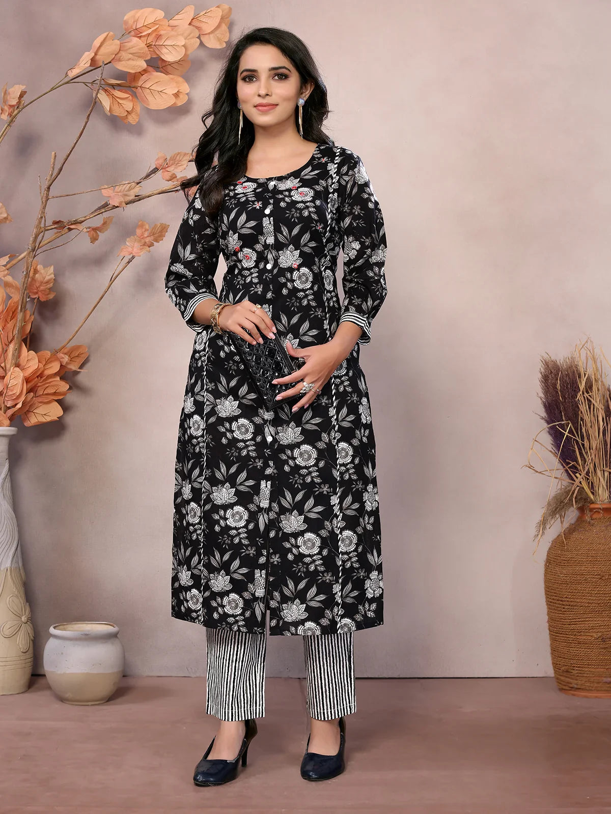 Buy Cotton Embroidered Calf Length Straight Kurta With Pant-Black