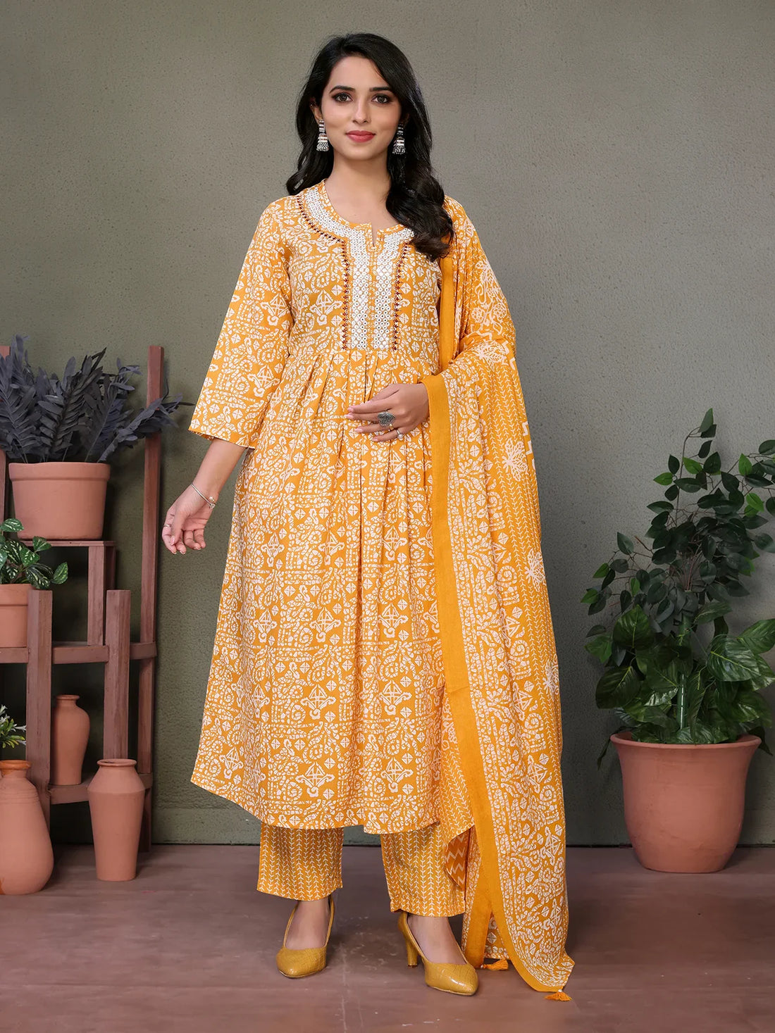 Buy Cotton Blend Embroidered Calf Length Flared Kurta With Pant And Dupatta-Yellow