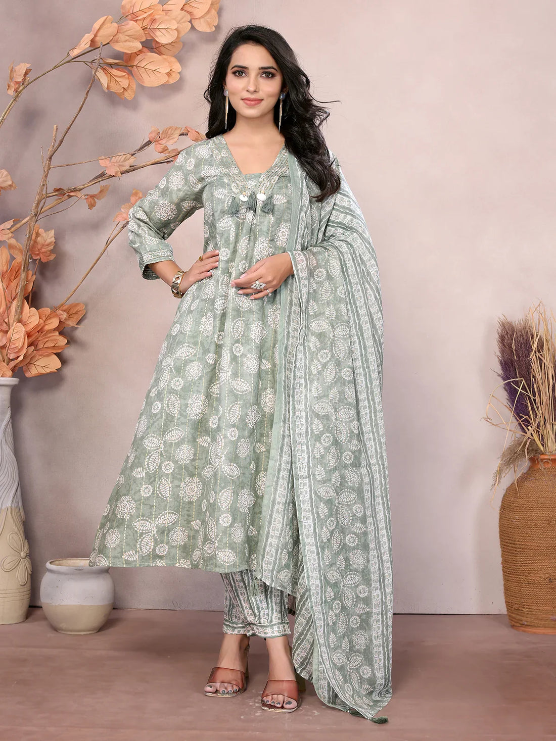 Buy Cotton Blend Embroidered Calf Length Flared Kurta With Afgani Pant And Dupatta-Green