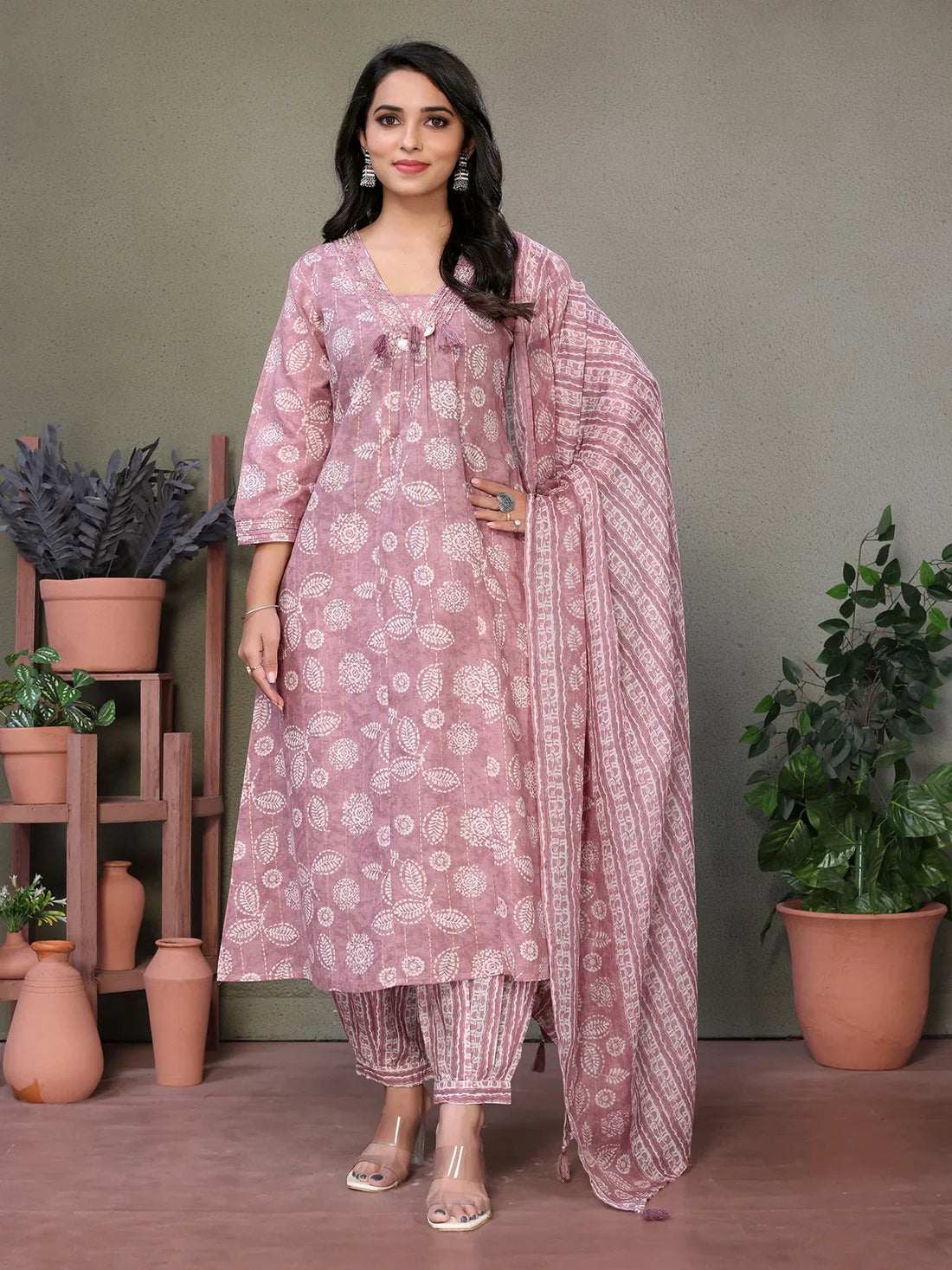 Buy Cotton Blend Embroidered Calf Length Flared Kurta With Afgani Pant And Dupatta-Pink