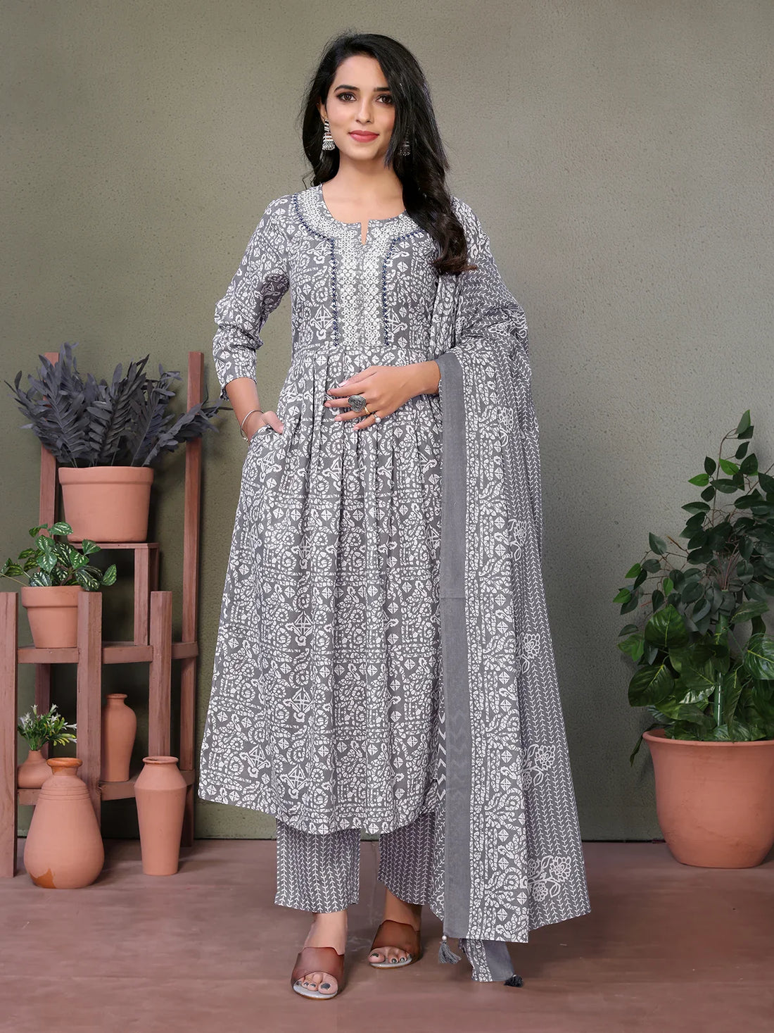 Buy Cotton Blend Embroidered Calf Length Flared Kurta With Pant And Dupatta-Grey