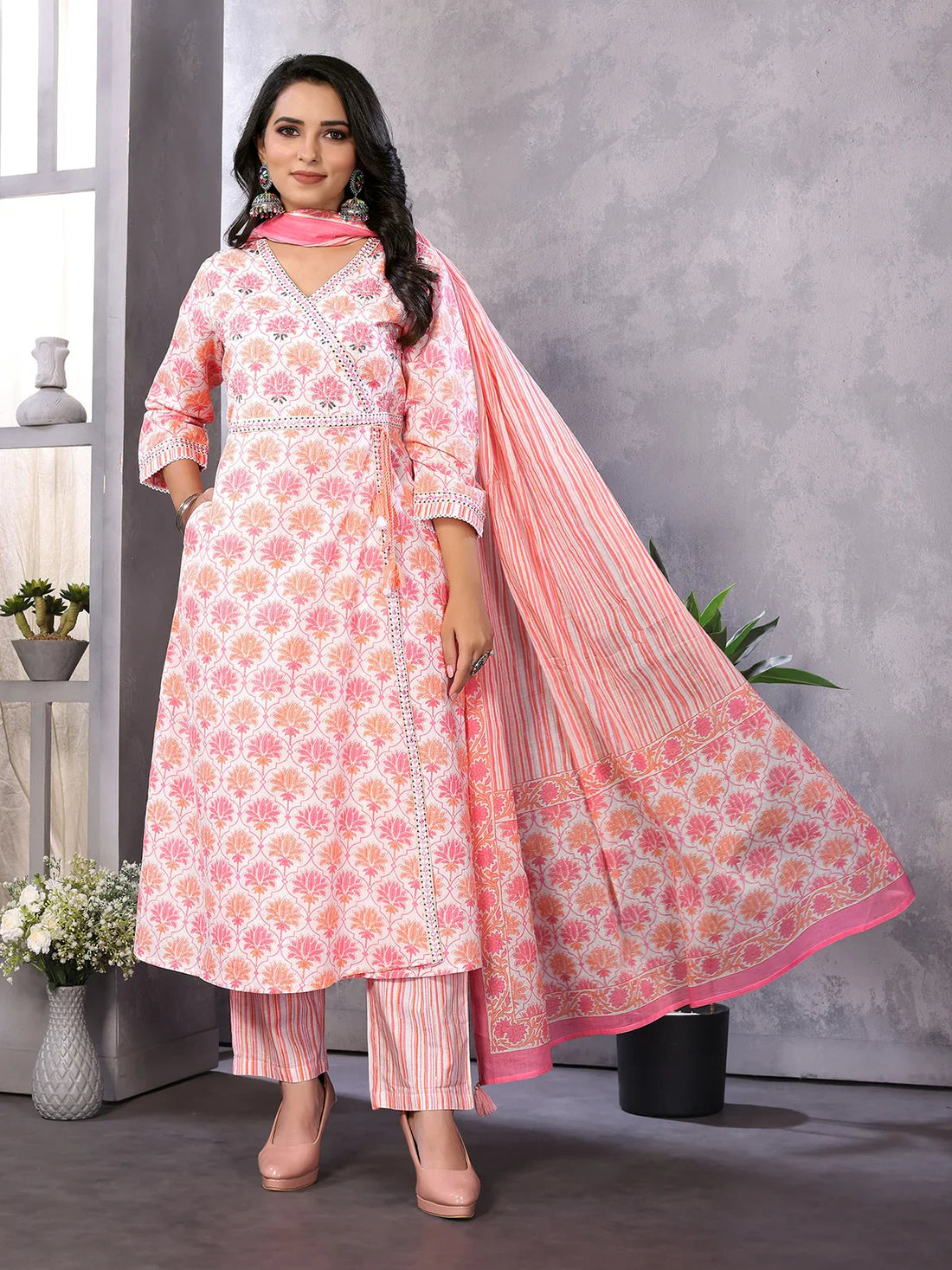 Buy Cotton Embroidered Calf Length Angarakha Kurta With Pant And Dupatta-Peach