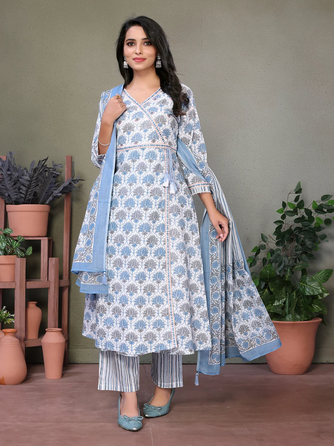 Buy Cotton Embroidered Calf Length Angarakha Kurta With Pant And Dupatta-Blue