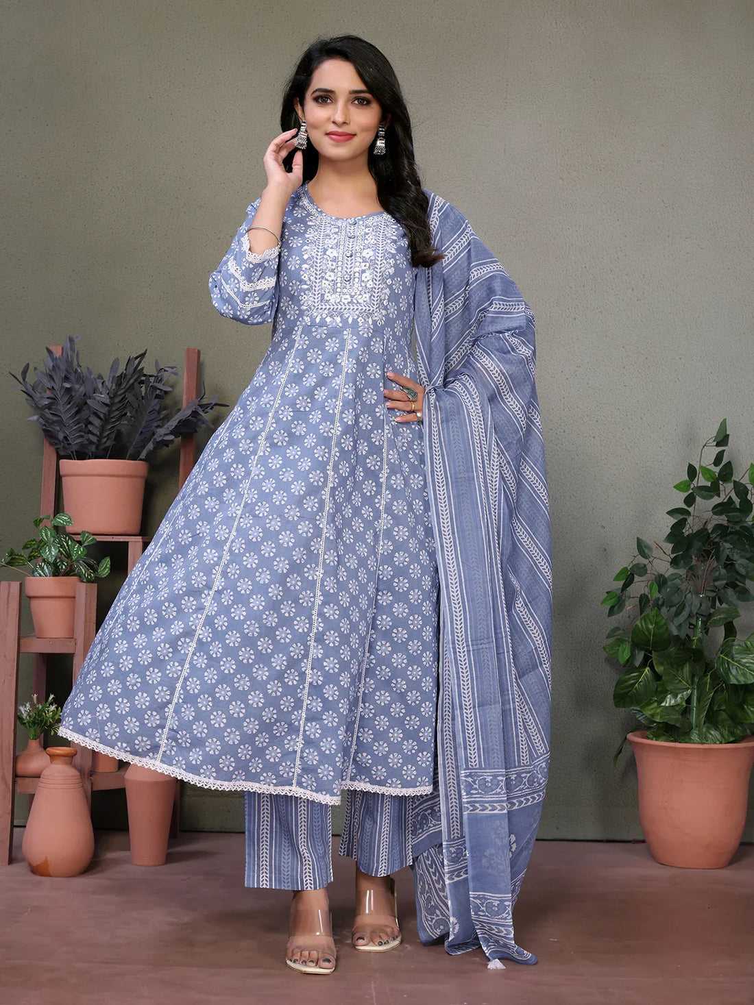 Buy Cotton Embroidered Calf Length Anarkali Kurta With Pant And Dupatta-Blue