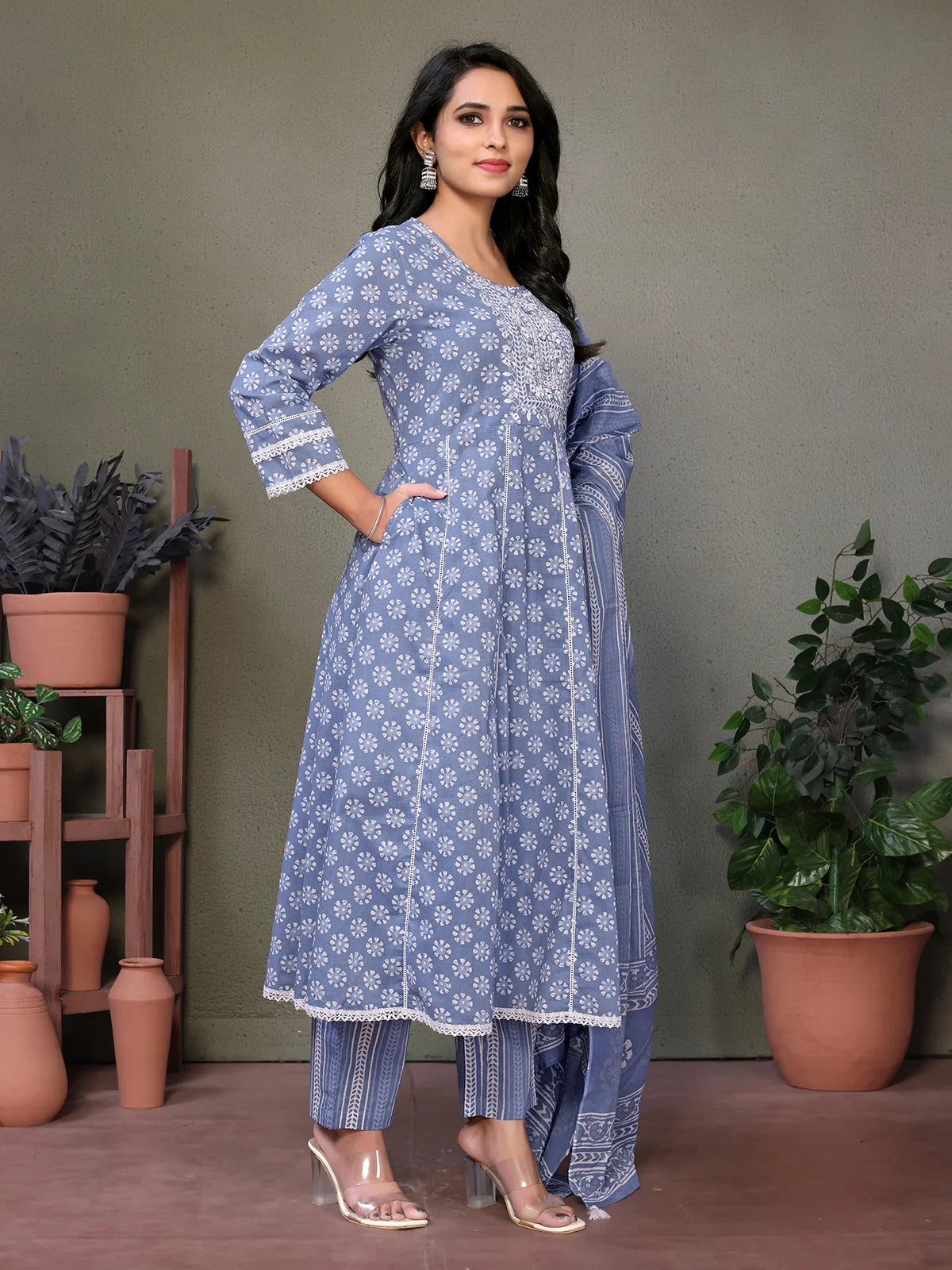 Buy Cotton Embroidered Calf Length Anarkali Kurta With Pant And Dupatta-Blue