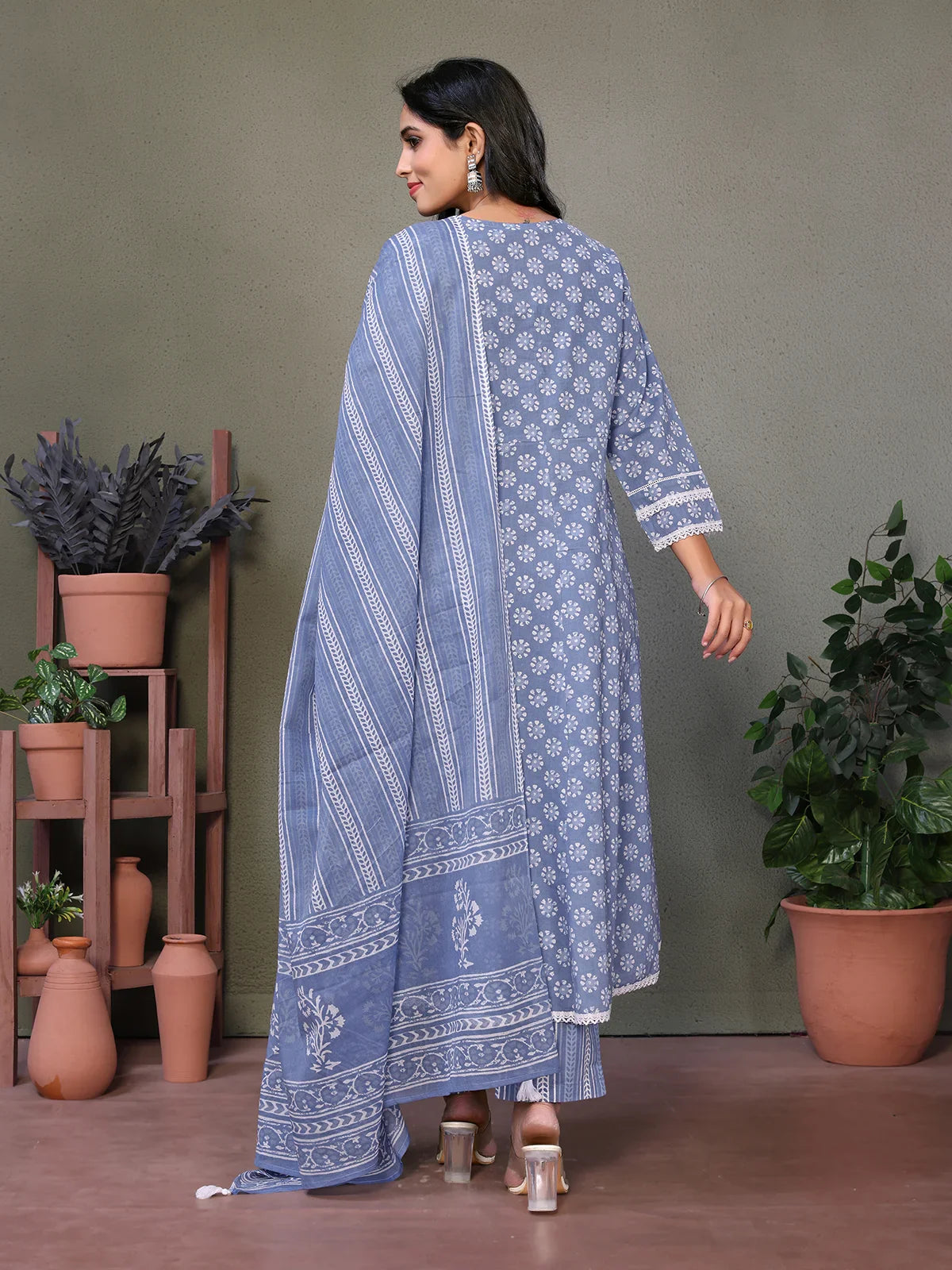 Buy Cotton Embroidered Calf Length Anarkali Kurta With Pant And Dupatta-Blue