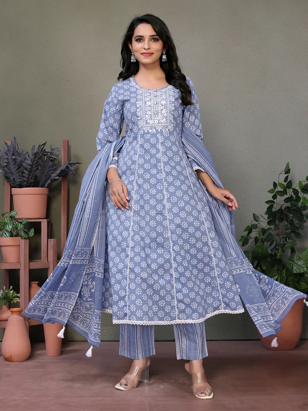 Buy Cotton Embroidered Calf Length Anarkali Kurta With Pant And Dupatta-Blue