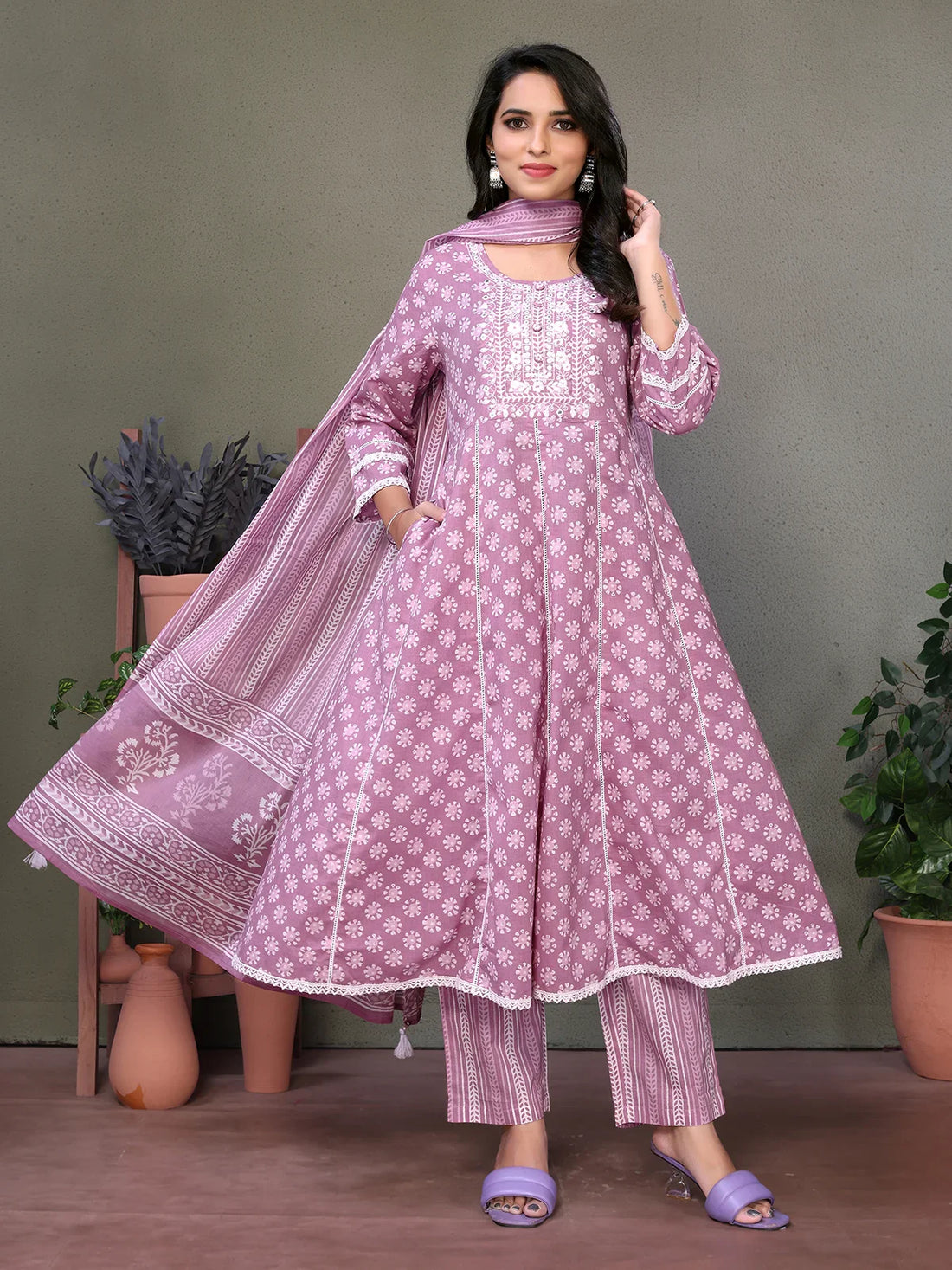 Buy Cotton Embroidered Calf Length Anarkali Kurta With Pant And Dupatta-Mauve