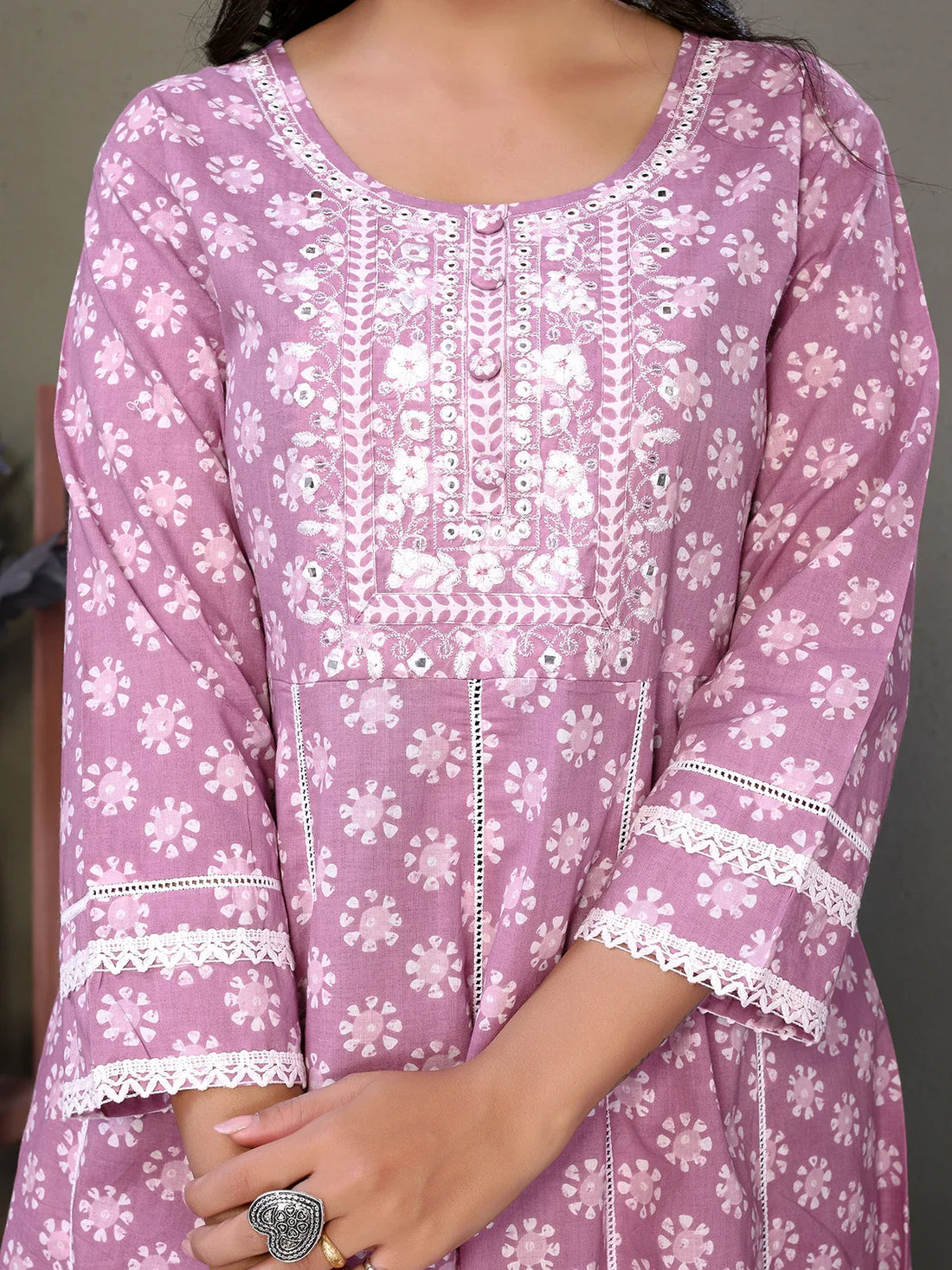 Buy Cotton Embroidered Calf Length Anarkali Kurta With Pant And Dupatta-Mauve