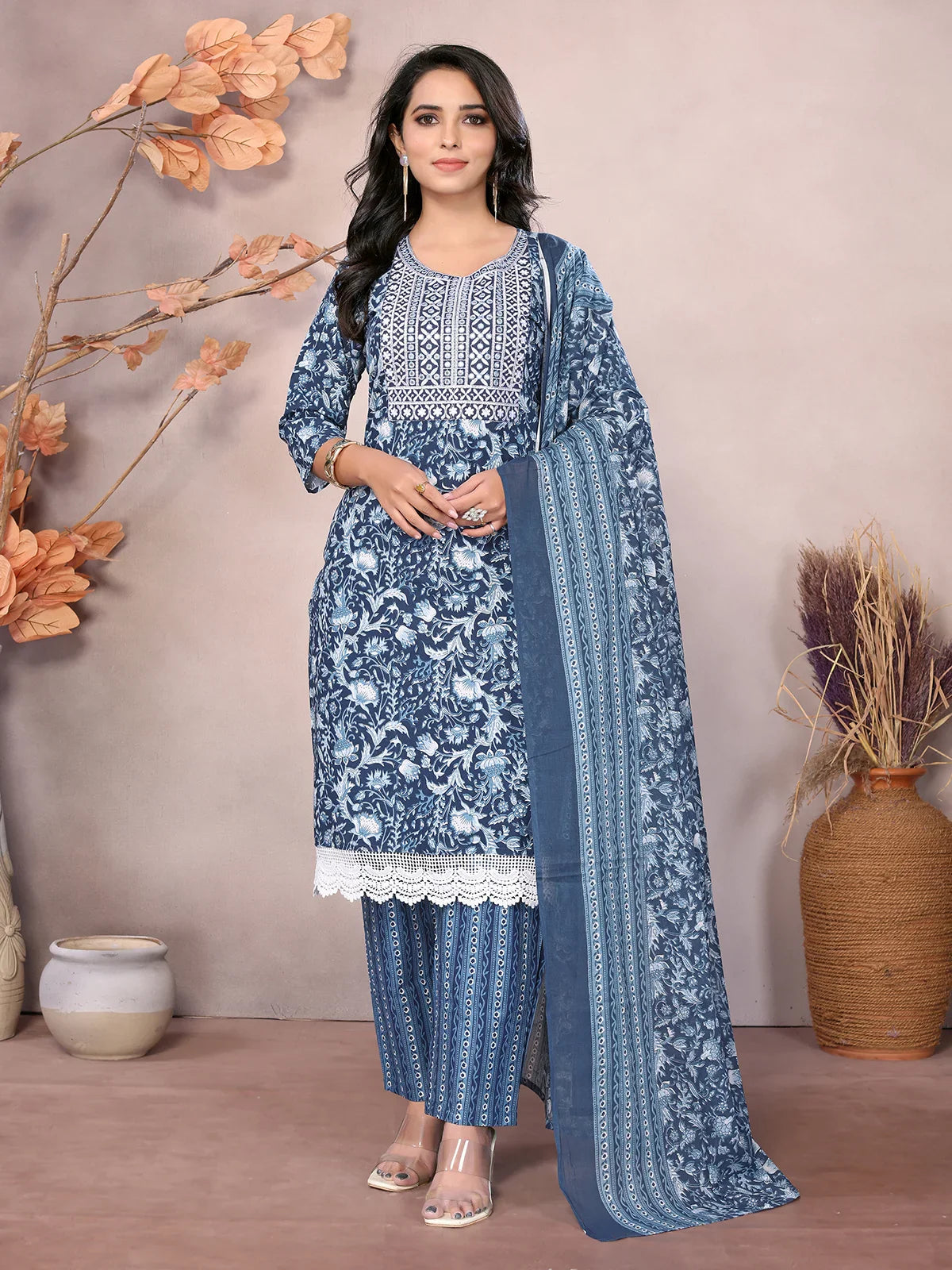 Buy Cotton Embroidered Knee Length Straight Kurta With Pant And Dupatta-Blue