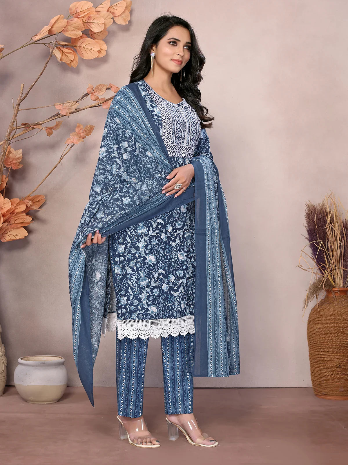 Buy Cotton Embroidered Knee Length Straight Kurta With Pant And Dupatta-Blue