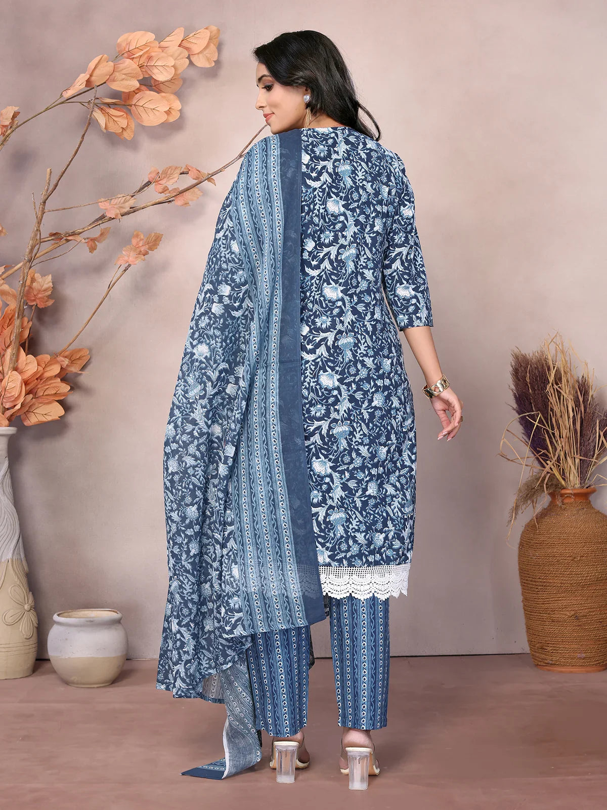 Buy Cotton Embroidered Knee Length Straight Kurta With Pant And Dupatta-Blue