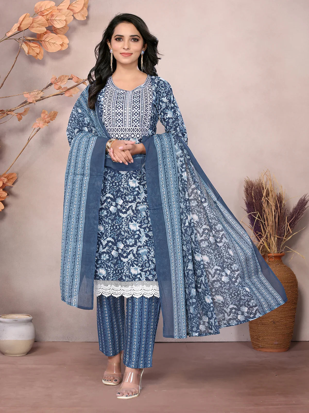 Buy Cotton Embroidered Knee Length Straight Kurta With Pant And Dupatta-Blue