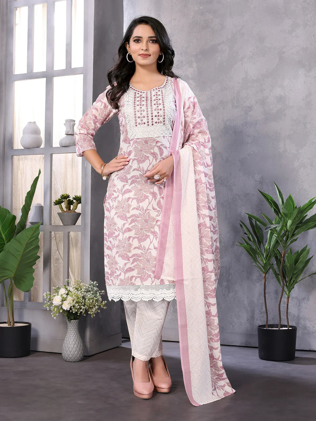 Buy Cotton Embroidered Knee Length Straight Kurta With Pant And Dupatta-Off White