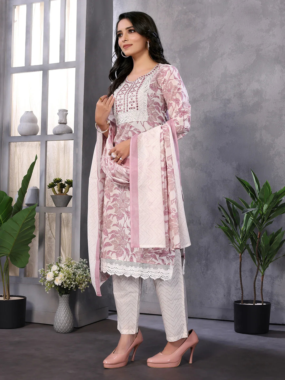 Buy Cotton Embroidered Knee Length Straight Kurta With Pant And Dupatta-Off White