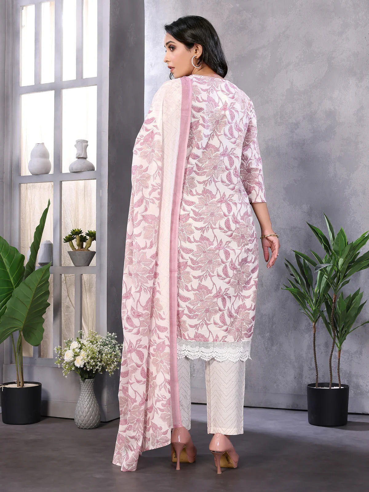 Buy Cotton Embroidered Knee Length Straight Kurta With Pant And Dupatta-Off White