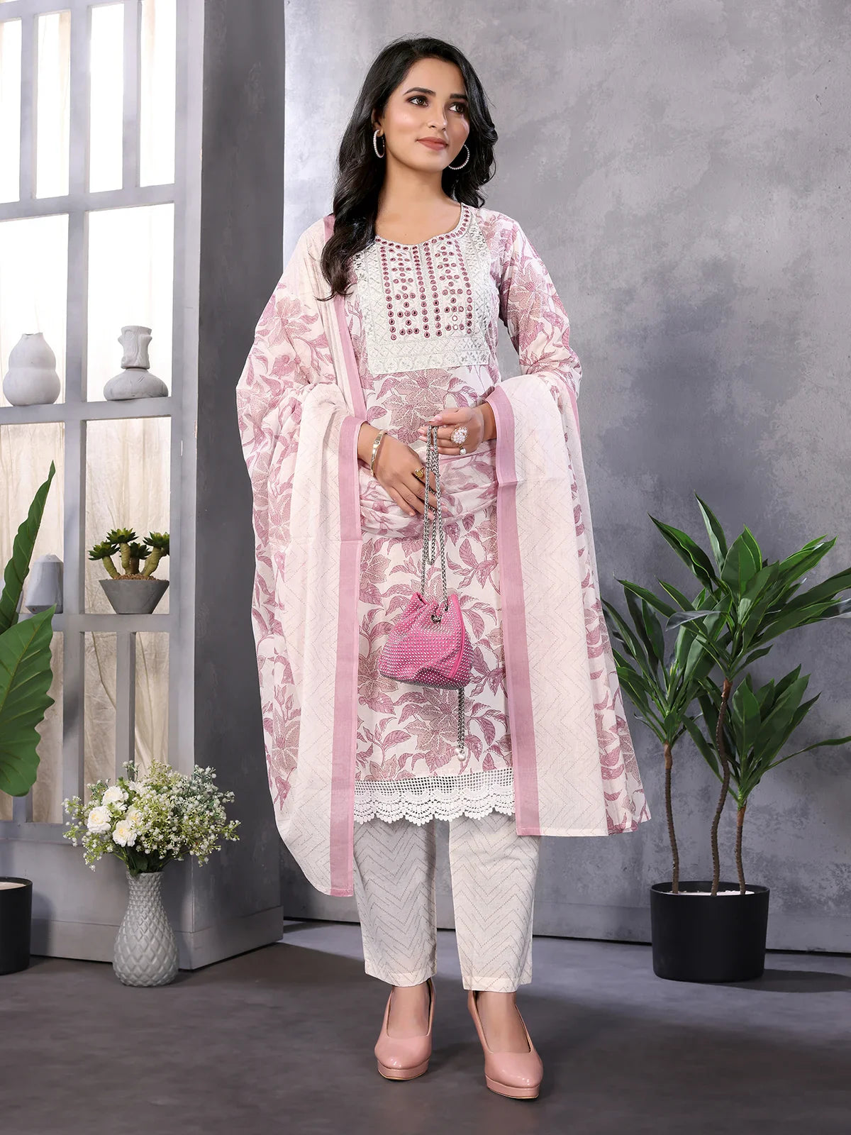 Buy Cotton Embroidered Knee Length Straight Kurta With Pant And Dupatta-Off White