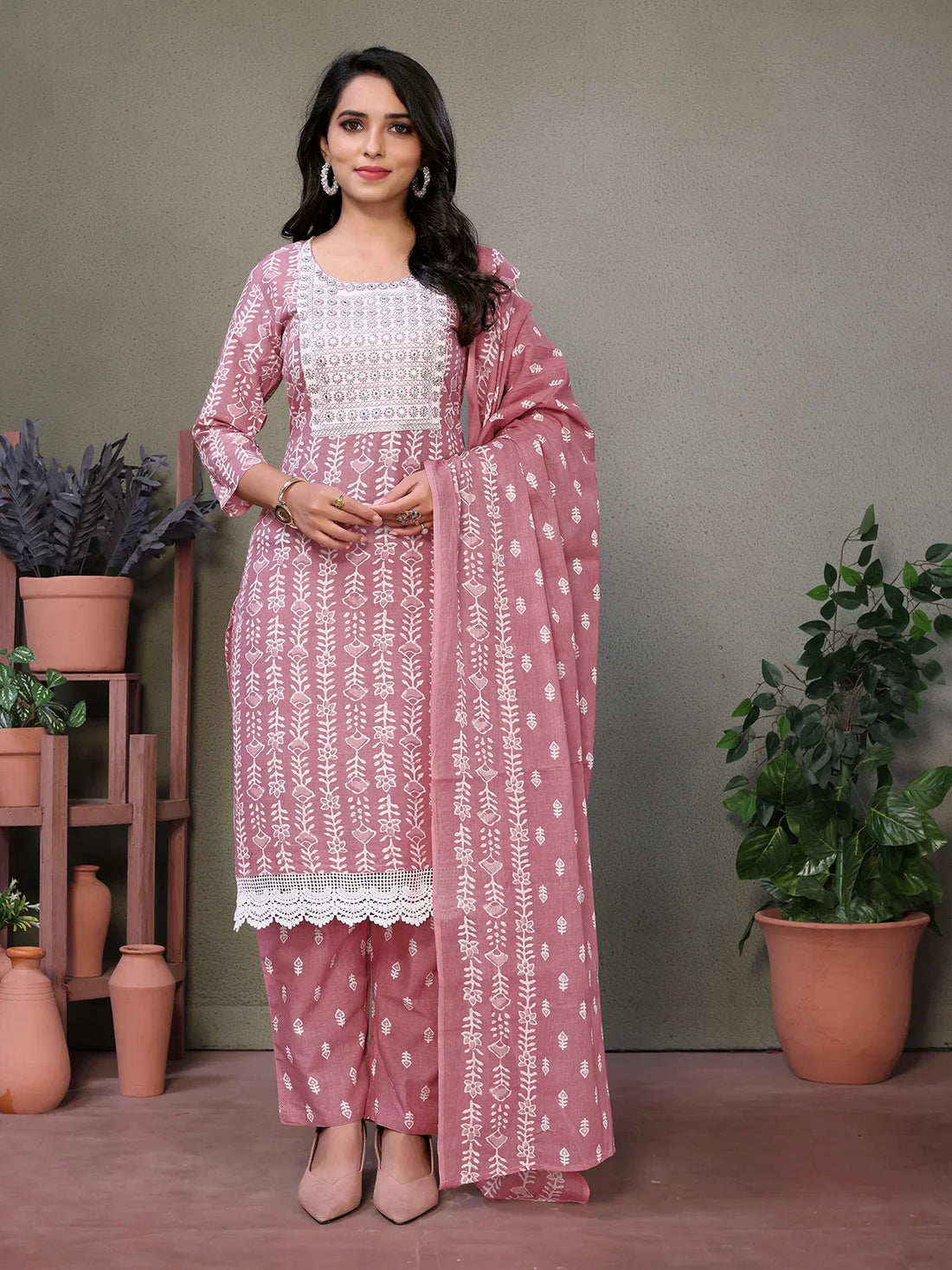 Buy Cotton Embroidered Knee Length Straight Kurta With Pant And Dupatta-Pink