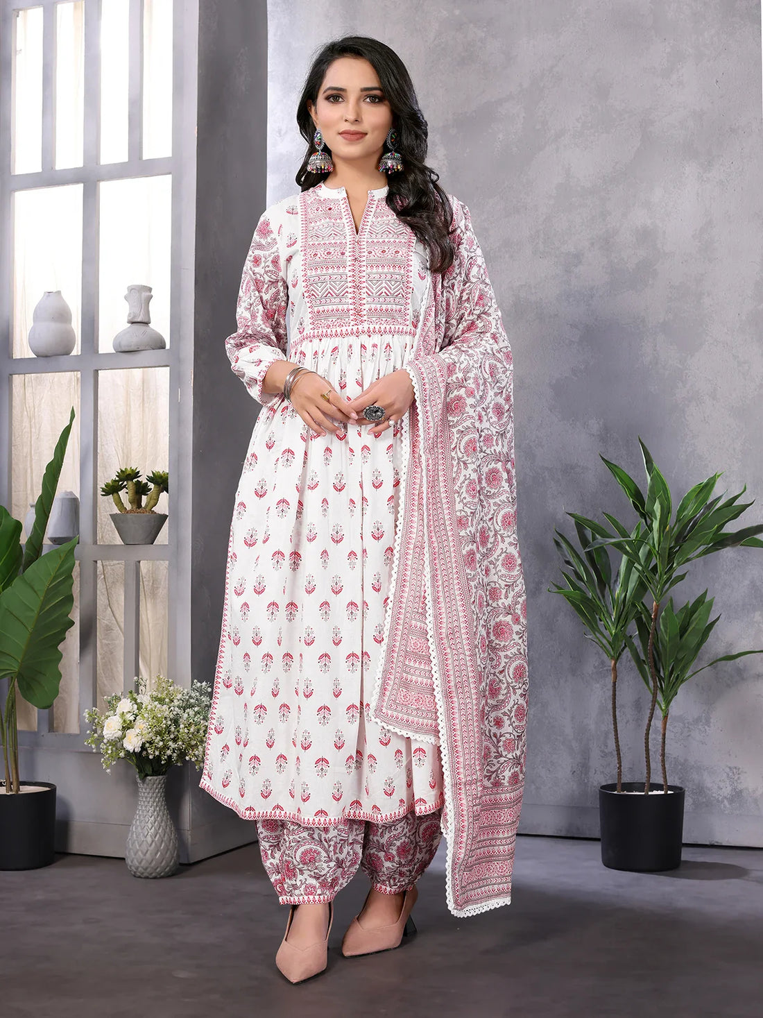 Buy Cotton Embroidered Calf Length A-line Kurta With Afgani Pant And Dupatta - Pink-Pink