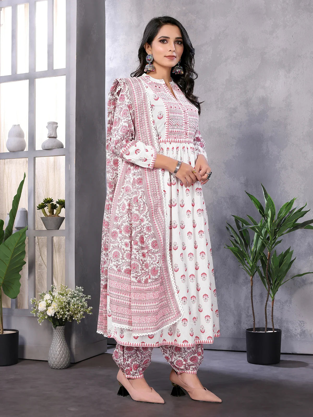 Buy Cotton Embroidered Calf Length A-line Kurta With Afgani Pant And Dupatta-Pink