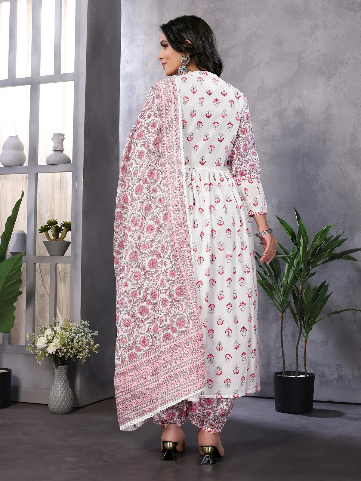 Buy Cotton Embroidered Calf Length A-line Kurta With Afgani Pant And Dupatta-Pink