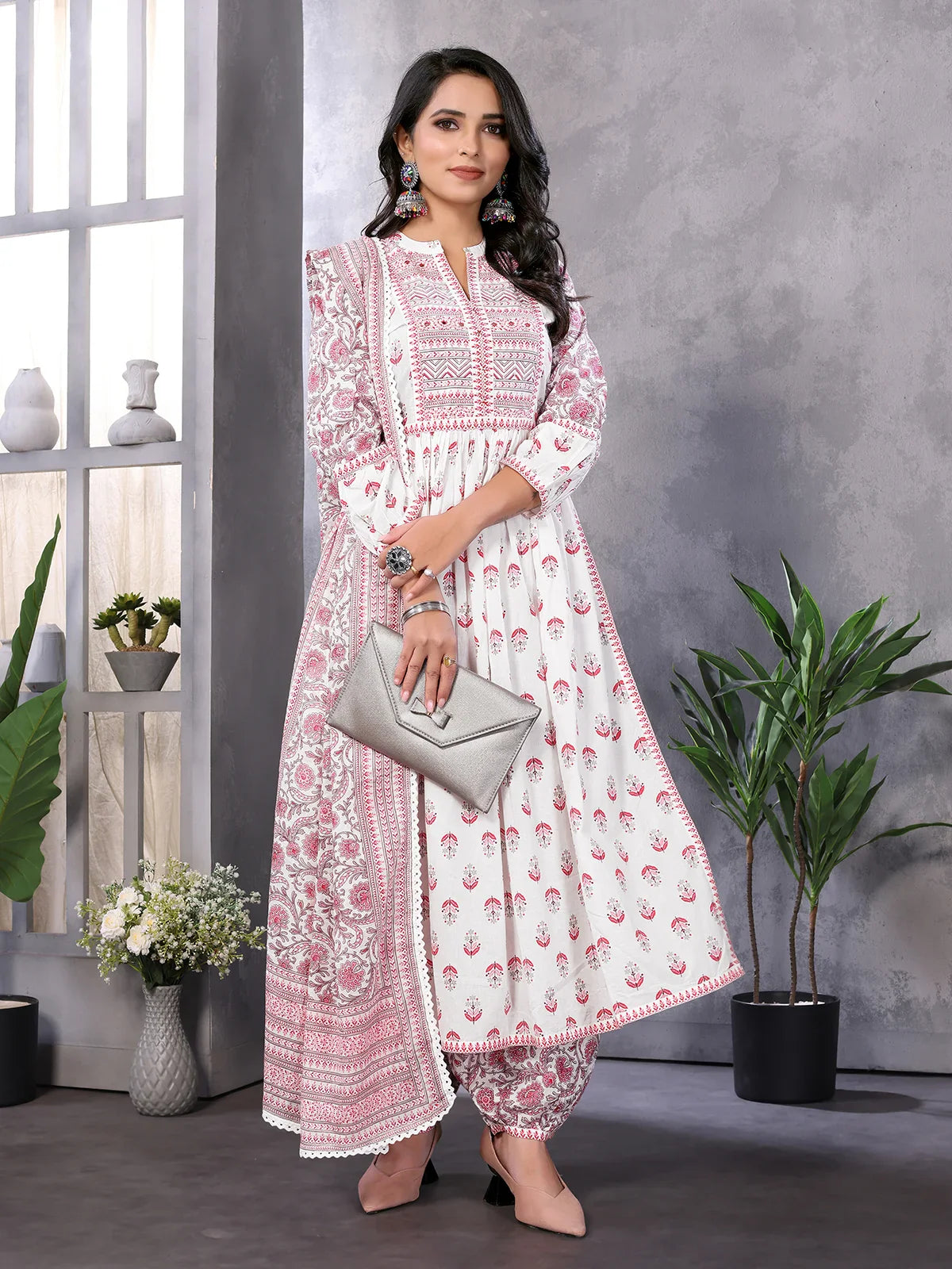 Buy Cotton Embroidered Calf Length A-line Kurta With Afgani Pant And Dupatta-Pink