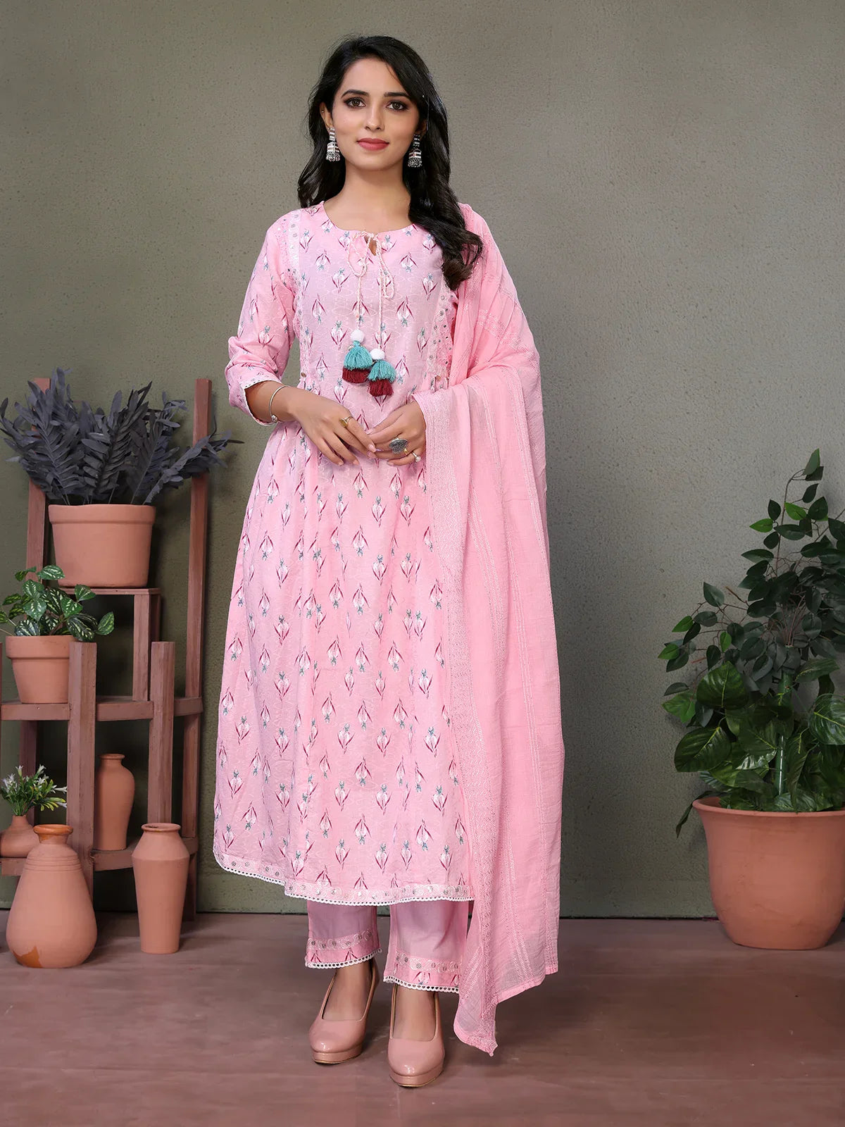 Buy Cotton Embroidered Calf Length A-line Kurta With Pant-Pink