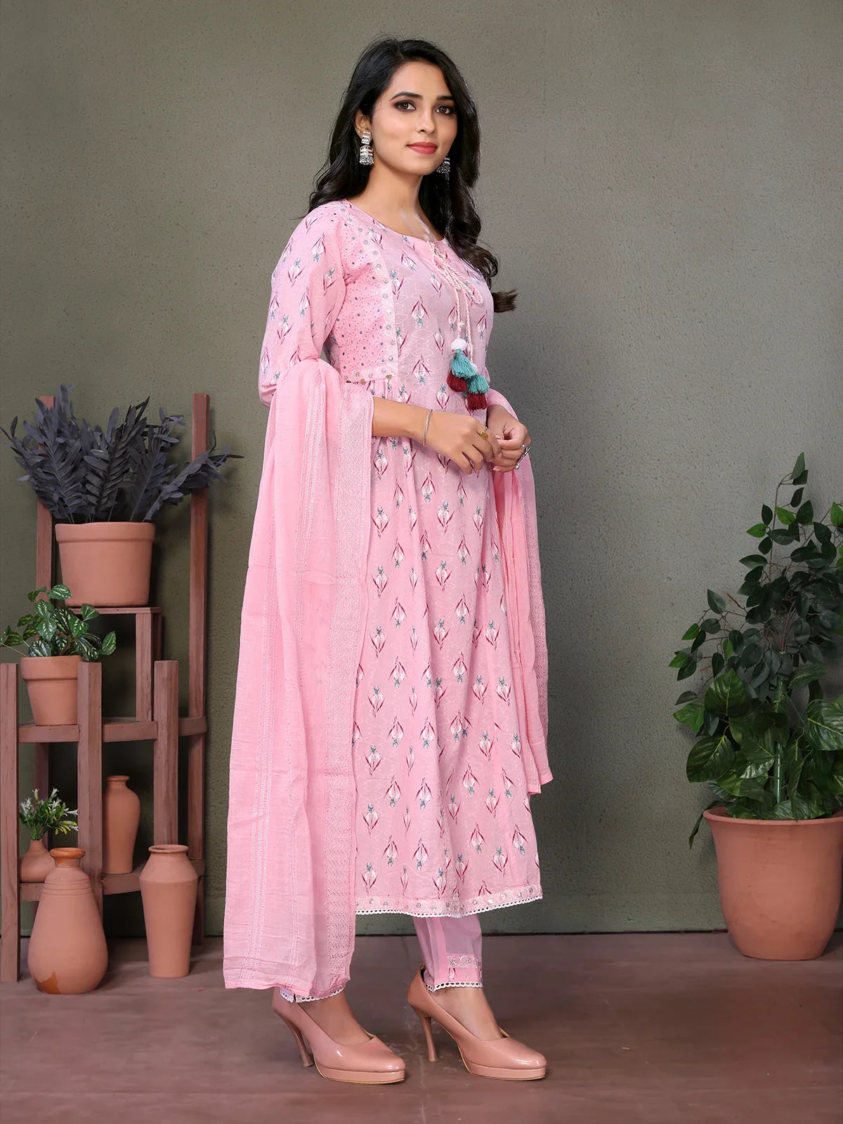 Buy Cotton Embroidered Calf Length A-line Kurta With Pant-Pink