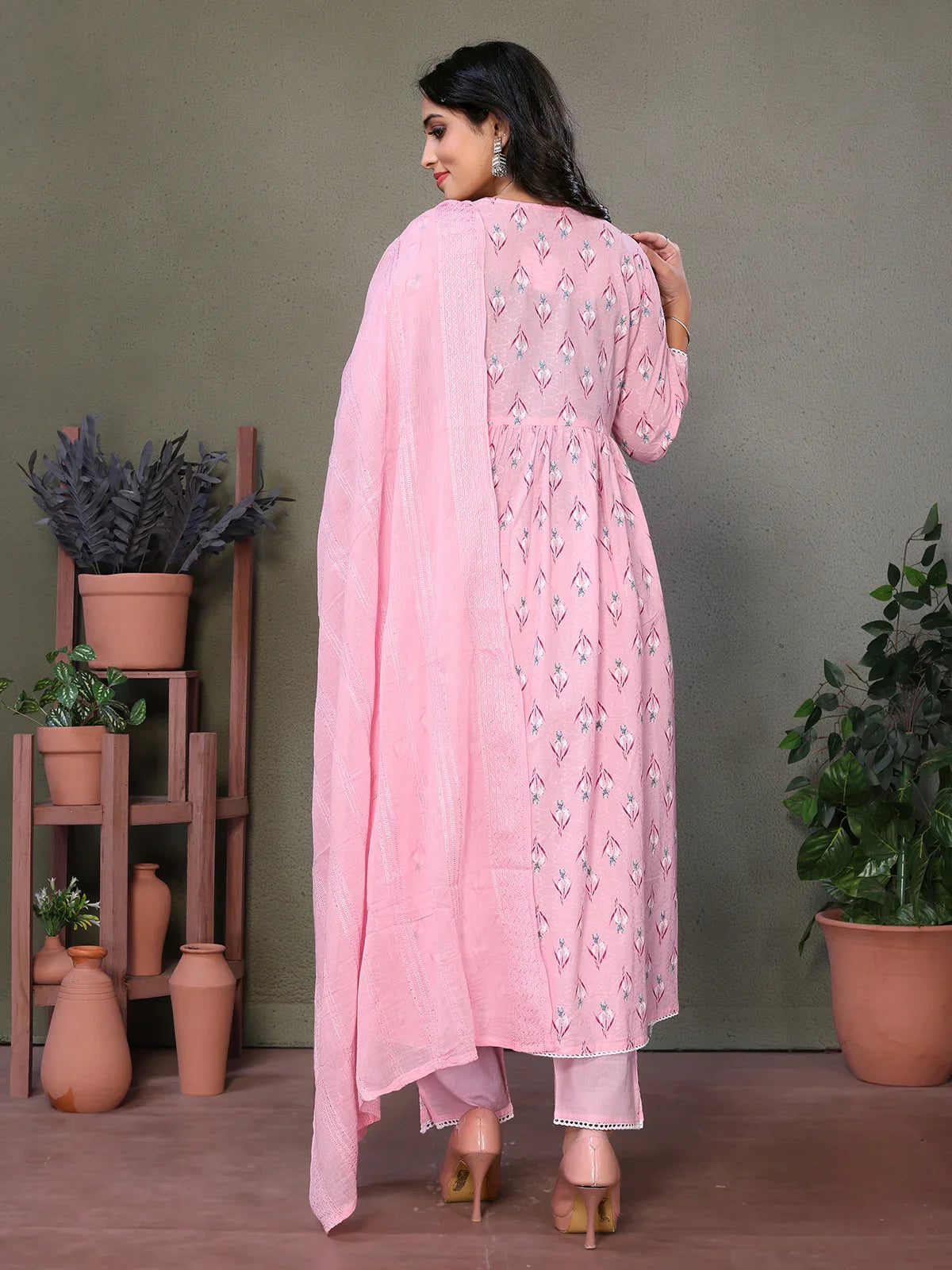 Buy Cotton Embroidered Calf Length A-line Kurta With Pant-Pink