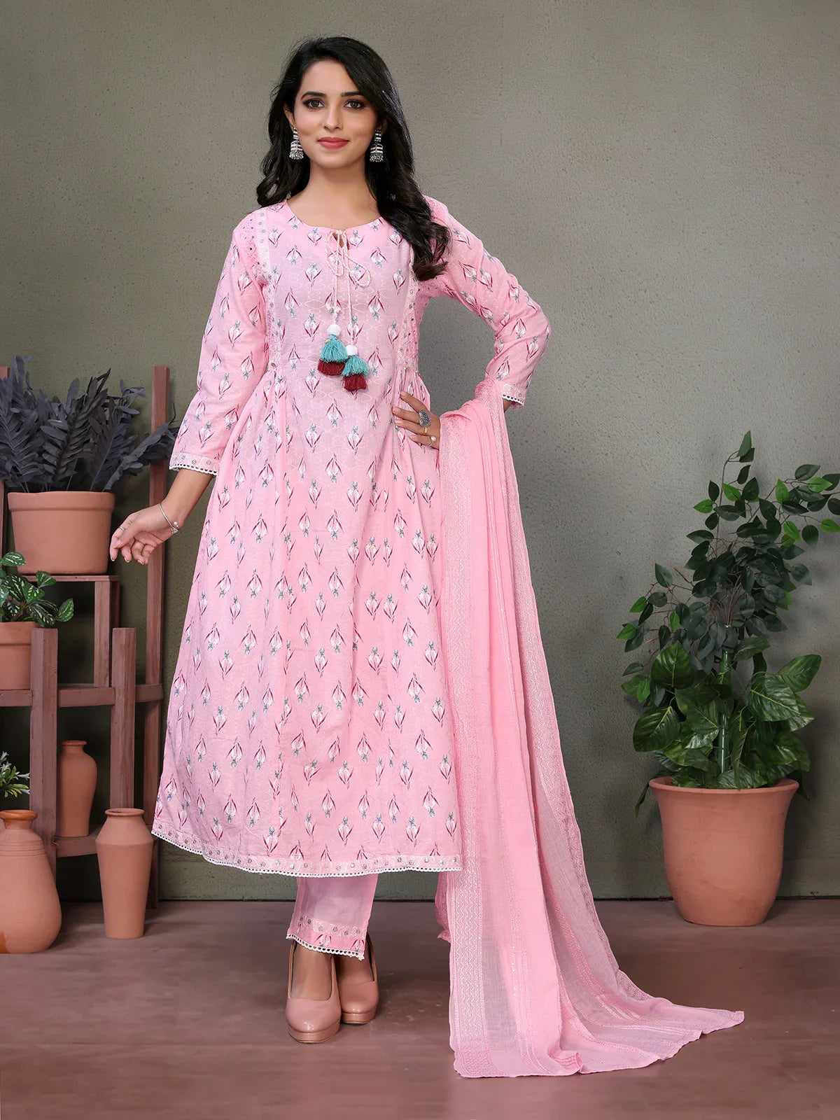 Buy Cotton Embroidered Calf Length A-line Kurta With Pant-Pink