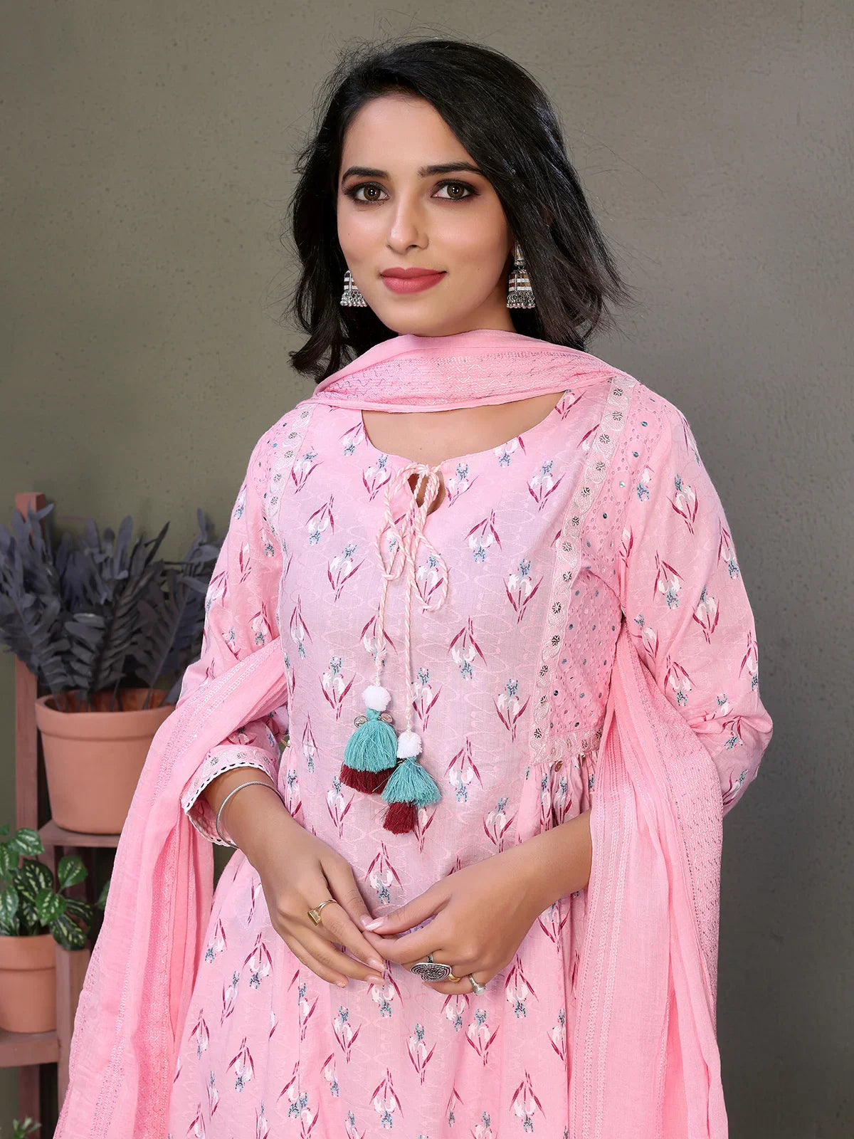 Buy Cotton Embroidered Calf Length A-line Kurta With Pant-Pink