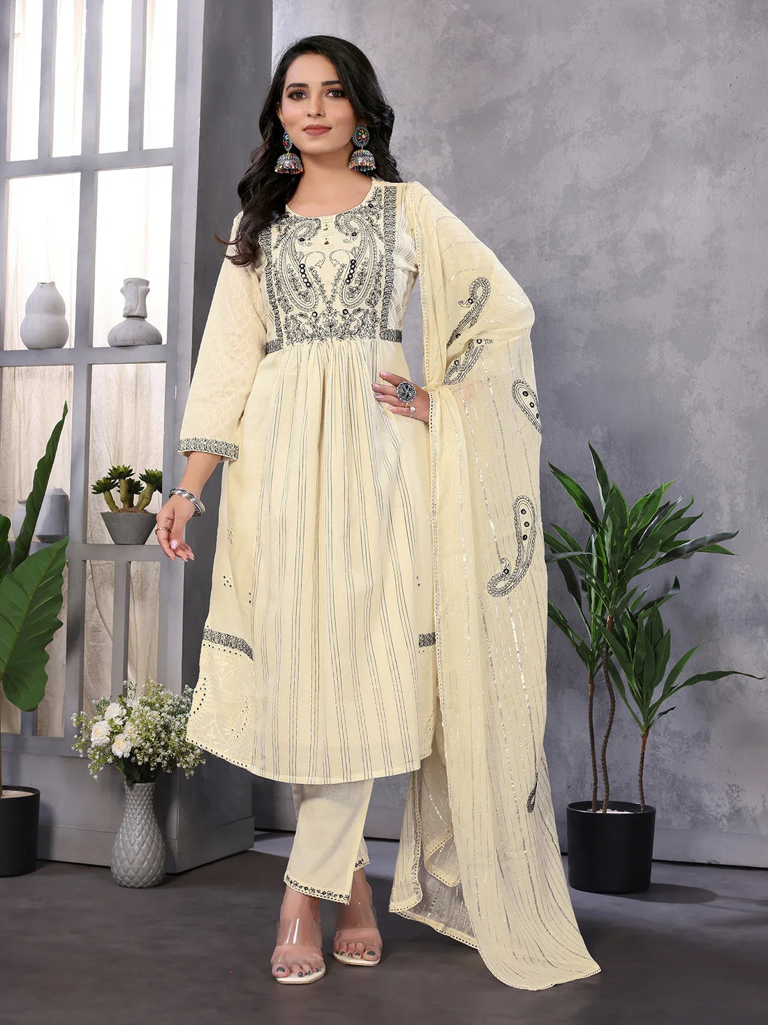 Buy Cotton Embroidered Calf Length A-line Kurta With Pant-Cream