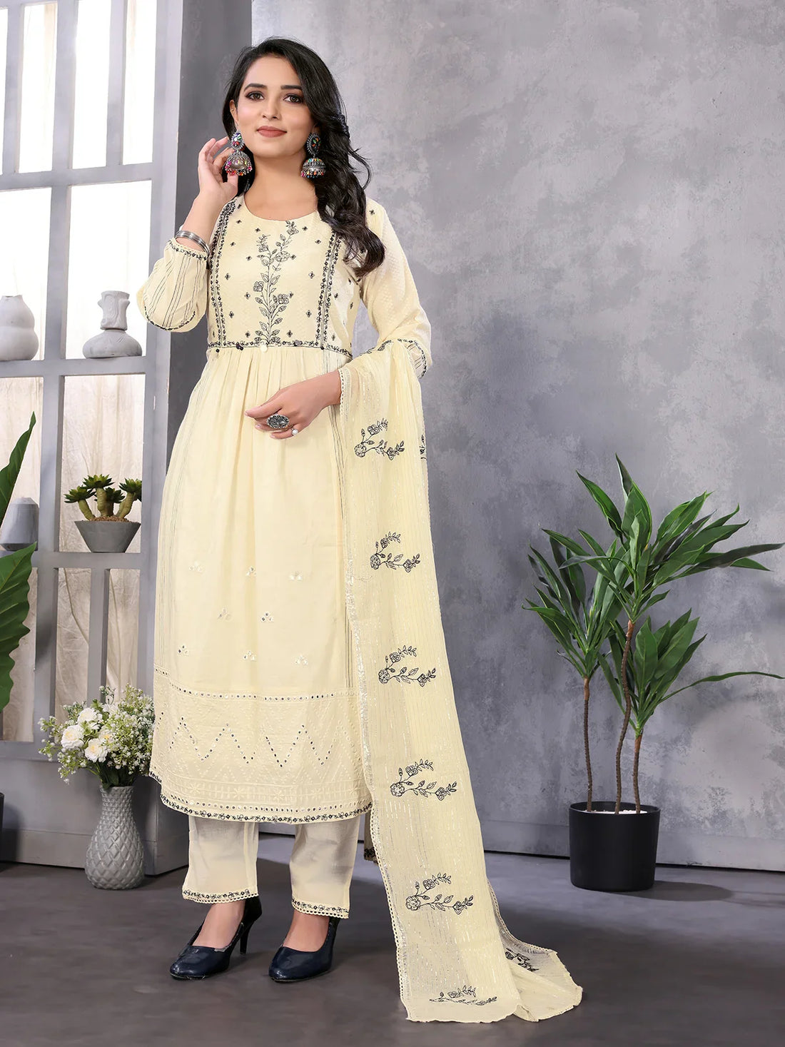 Buy Cotton Embroidered Calf Length A-line Kurta With Pant and Dupatta-Cream