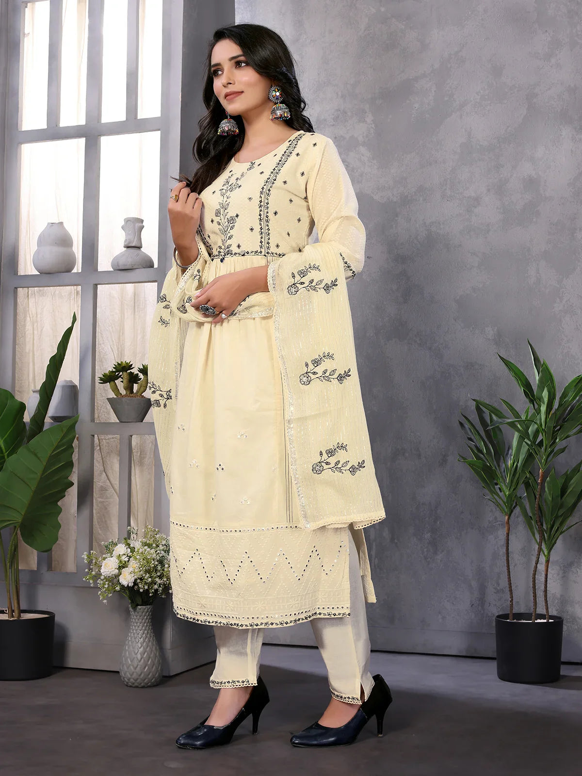 Buy Cotton Embroidered Calf Length A-line Kurta With Pant and Dupatta-Cream