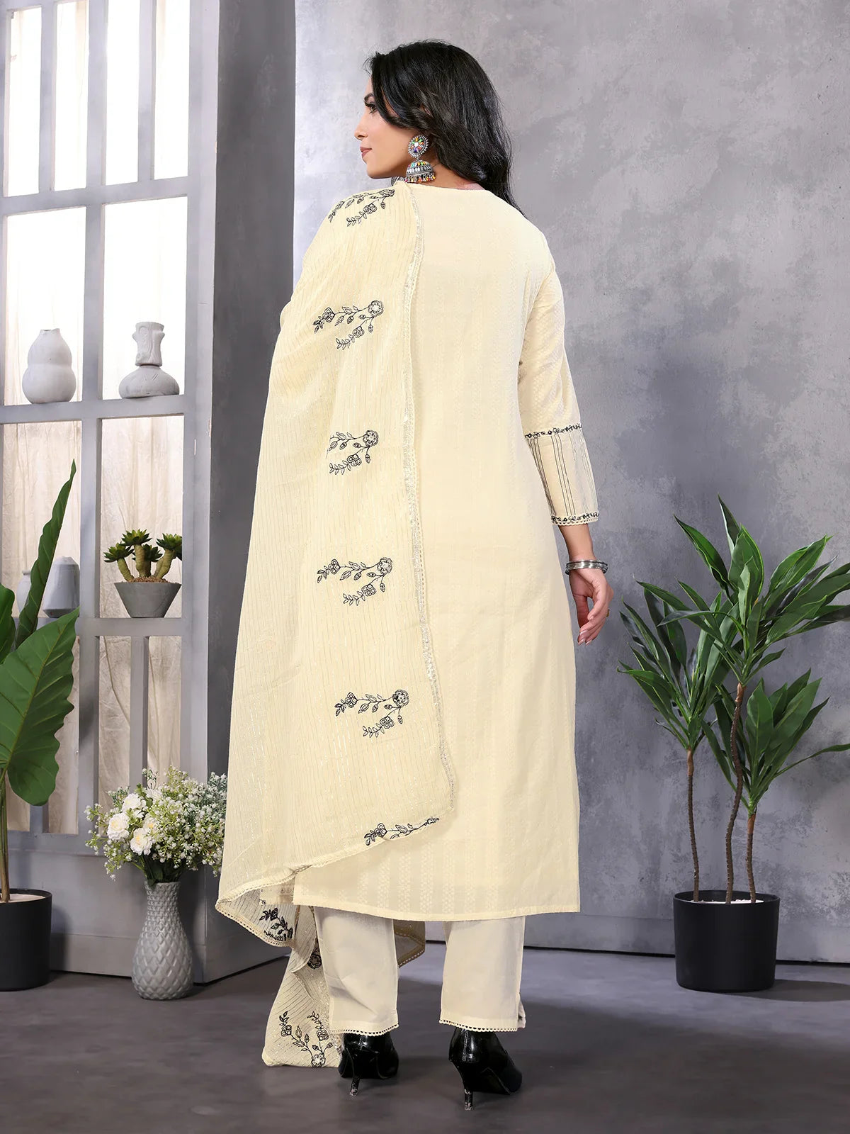 Buy Cotton Embroidered Calf Length A-line Kurta With Pant and Dupatta-Cream